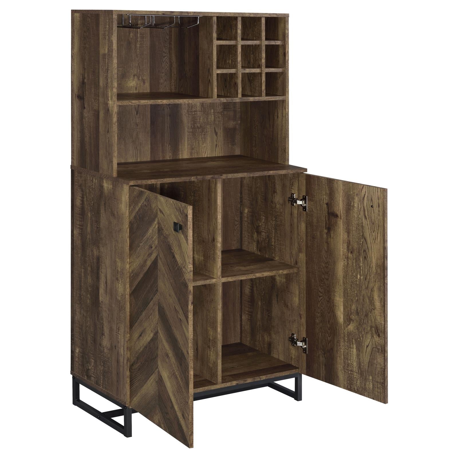 Mendoza 2-door Wine Cabinet Rustic Oak Herringbone and Gunmetal - Ideal Furniture (Fresno,CA)