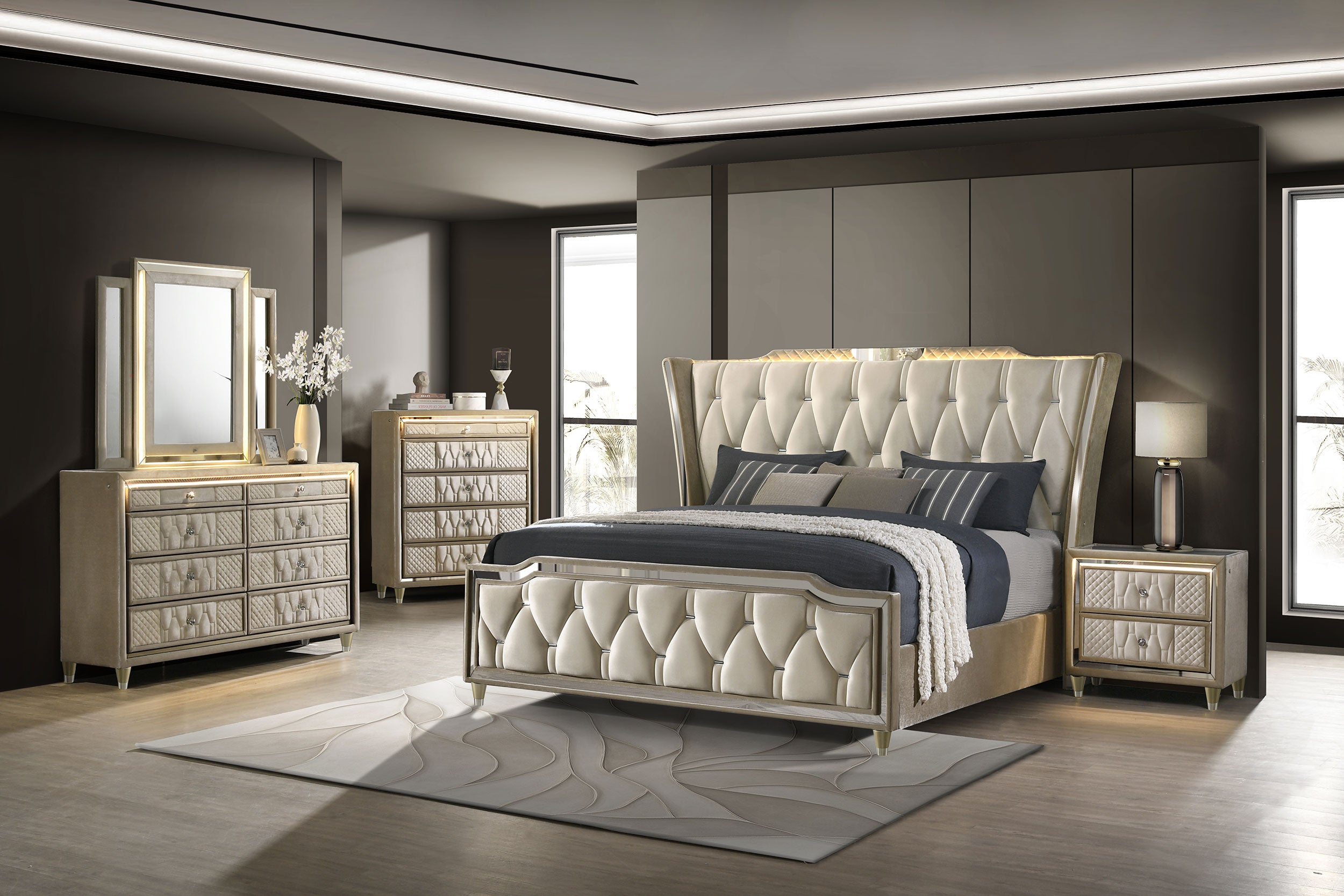 Lorient Wingback Bed with LED Lighting - Ideal Furniture (Fresno,CA)