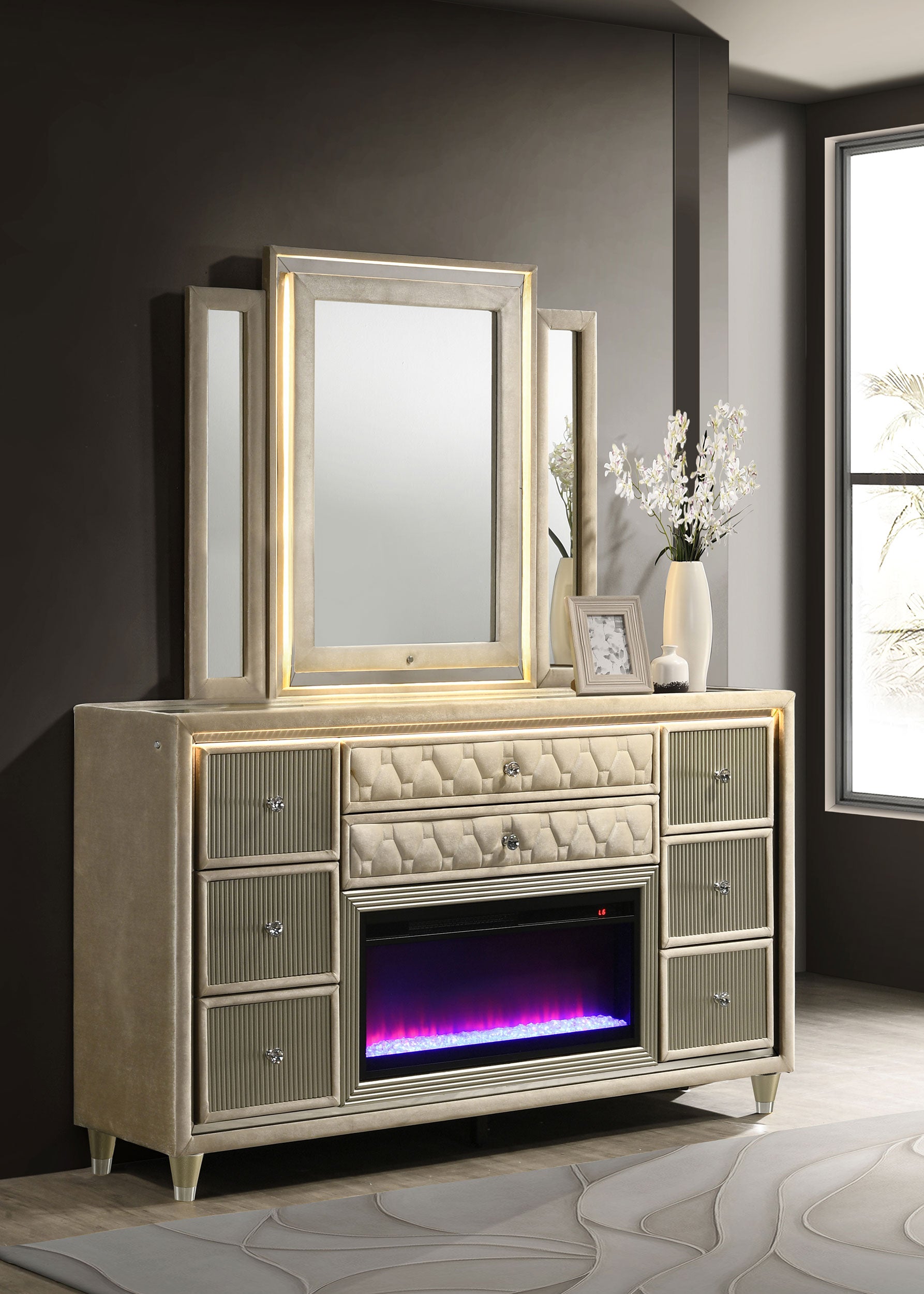 Lorient LED Dresser with LED Mirror and Flame Visualizer - Ideal Furniture (Fresno,CA)