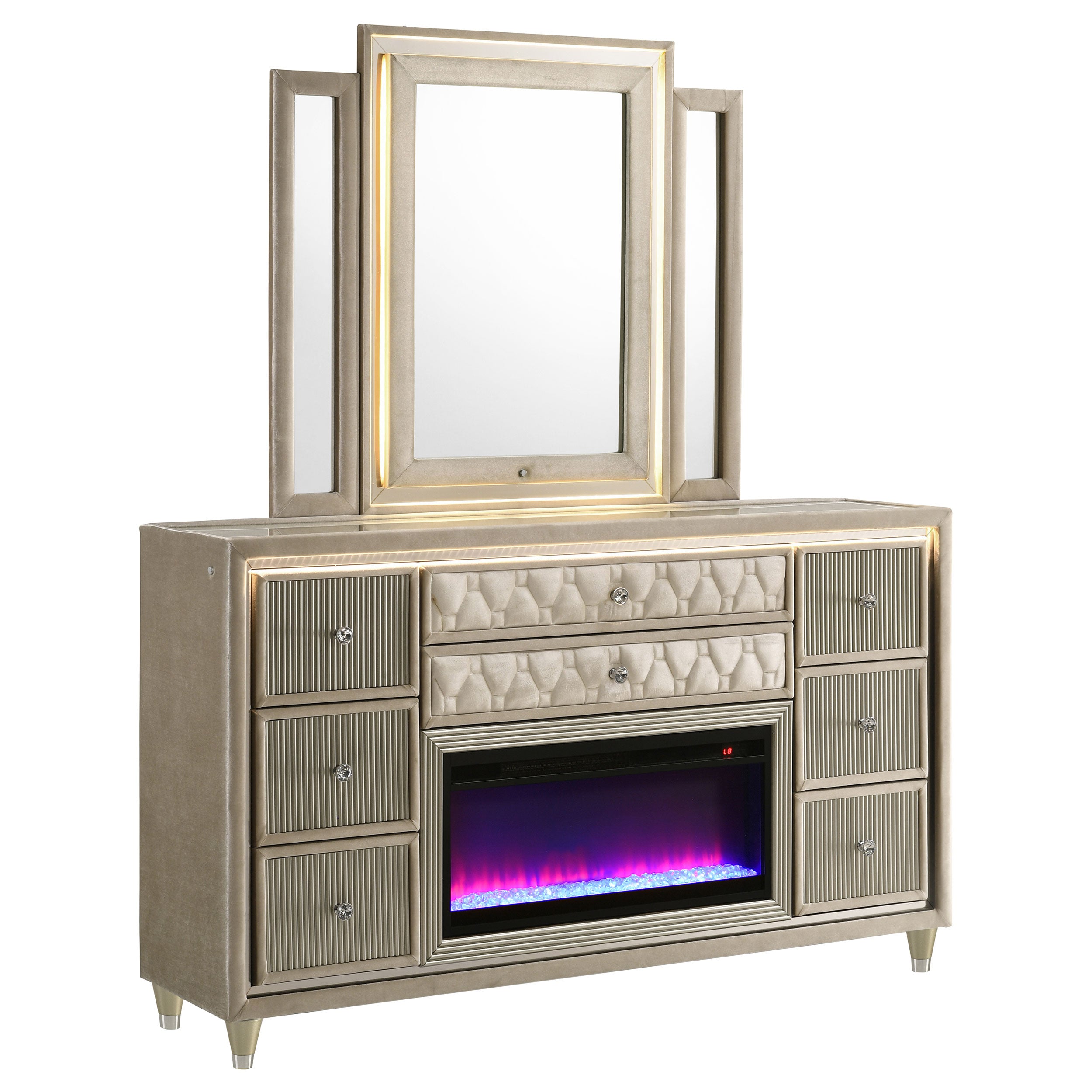 Lorient LED Dresser with LED Mirror and Flame Visualizer - Ideal Furniture (Fresno,CA)
