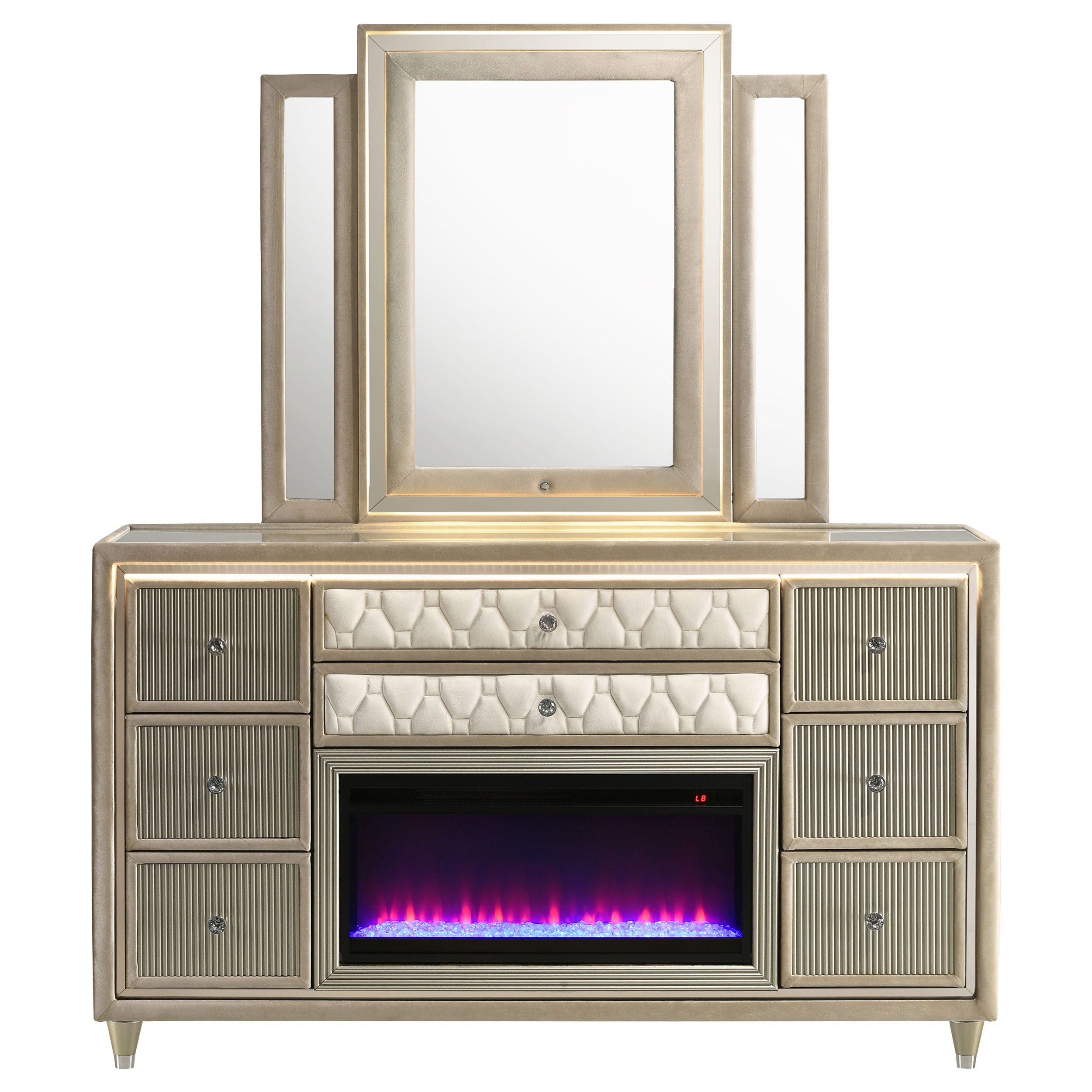 Lorient LED Dresser with LED Mirror and Flame Visualizer - Ideal Furniture (Fresno,CA)