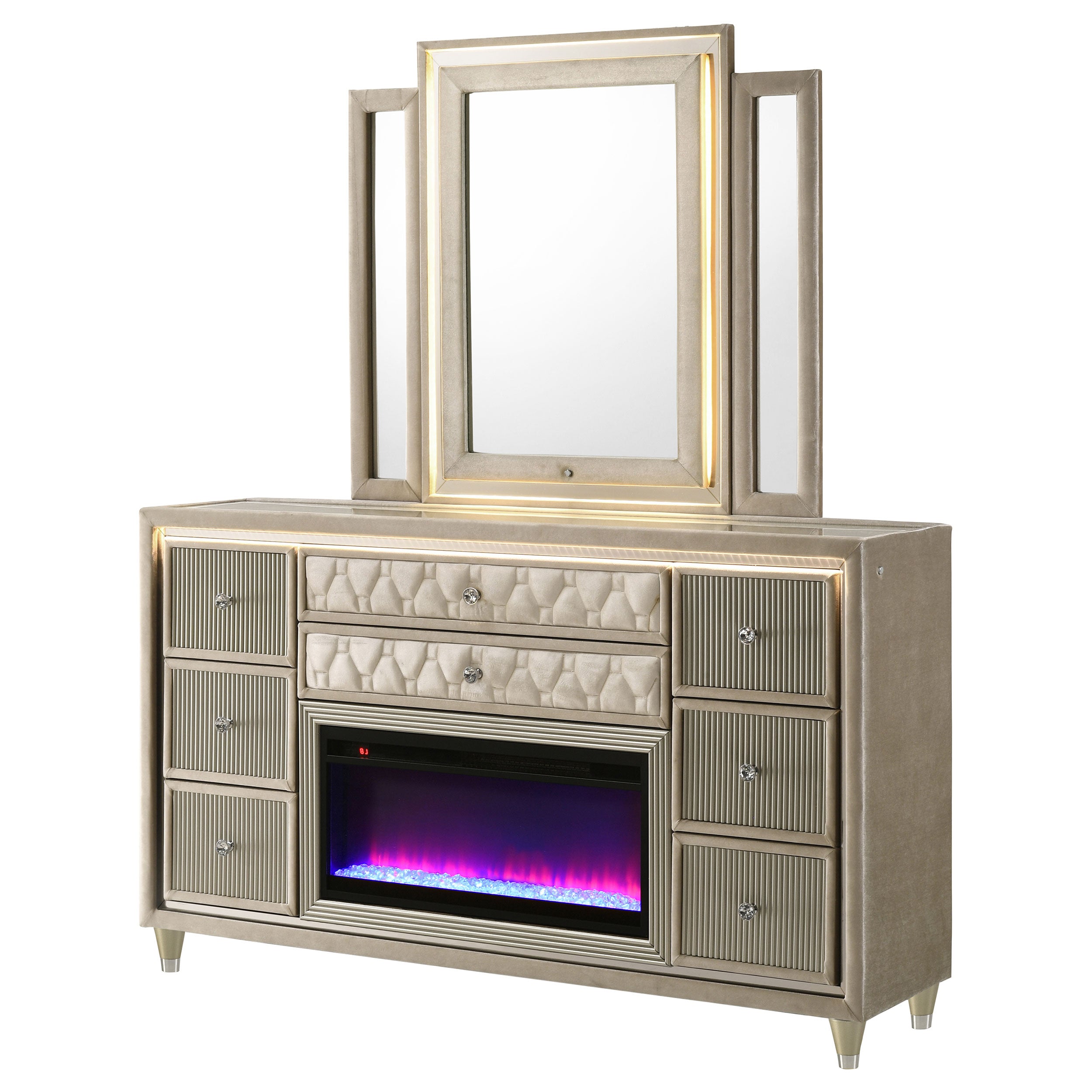 Lorient LED Dresser with LED Mirror and Flame Visualizer - Ideal Furniture (Fresno,CA)