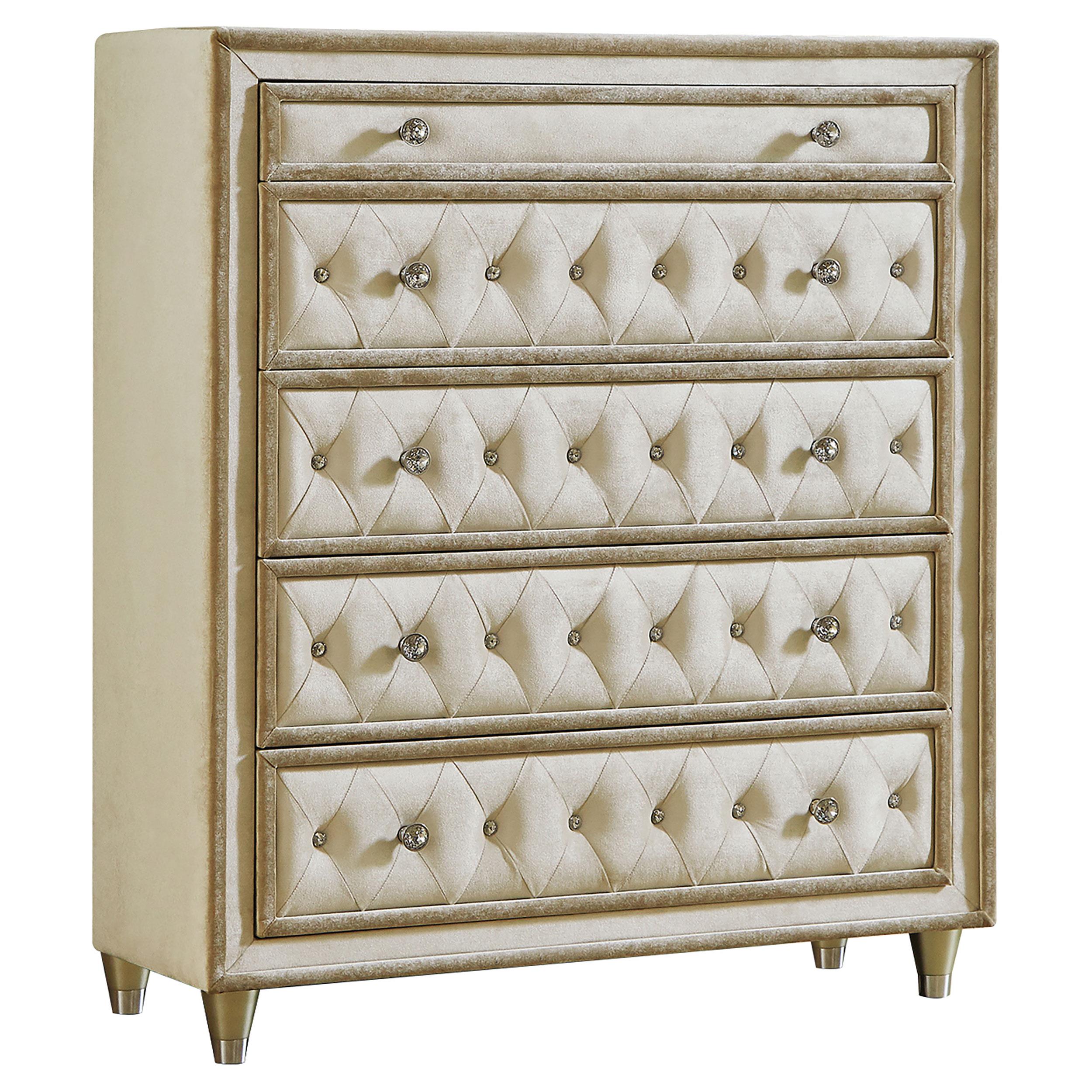 Antonella 5-drawer Upholstered Chest Ivory and Camel - Ideal Furniture (Fresno,CA)