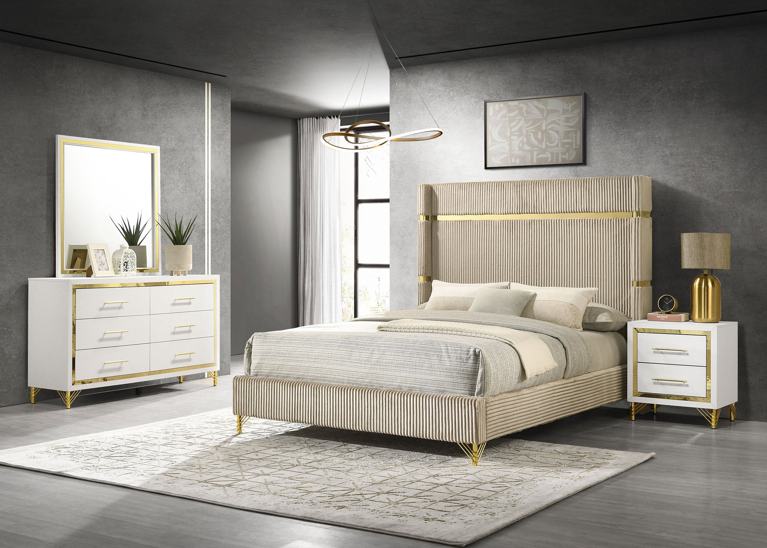Lucia 4 & 5 Piece Bedroom Set King & Queen Beige & Grey - Ideal Furniture (Fresno,CA)