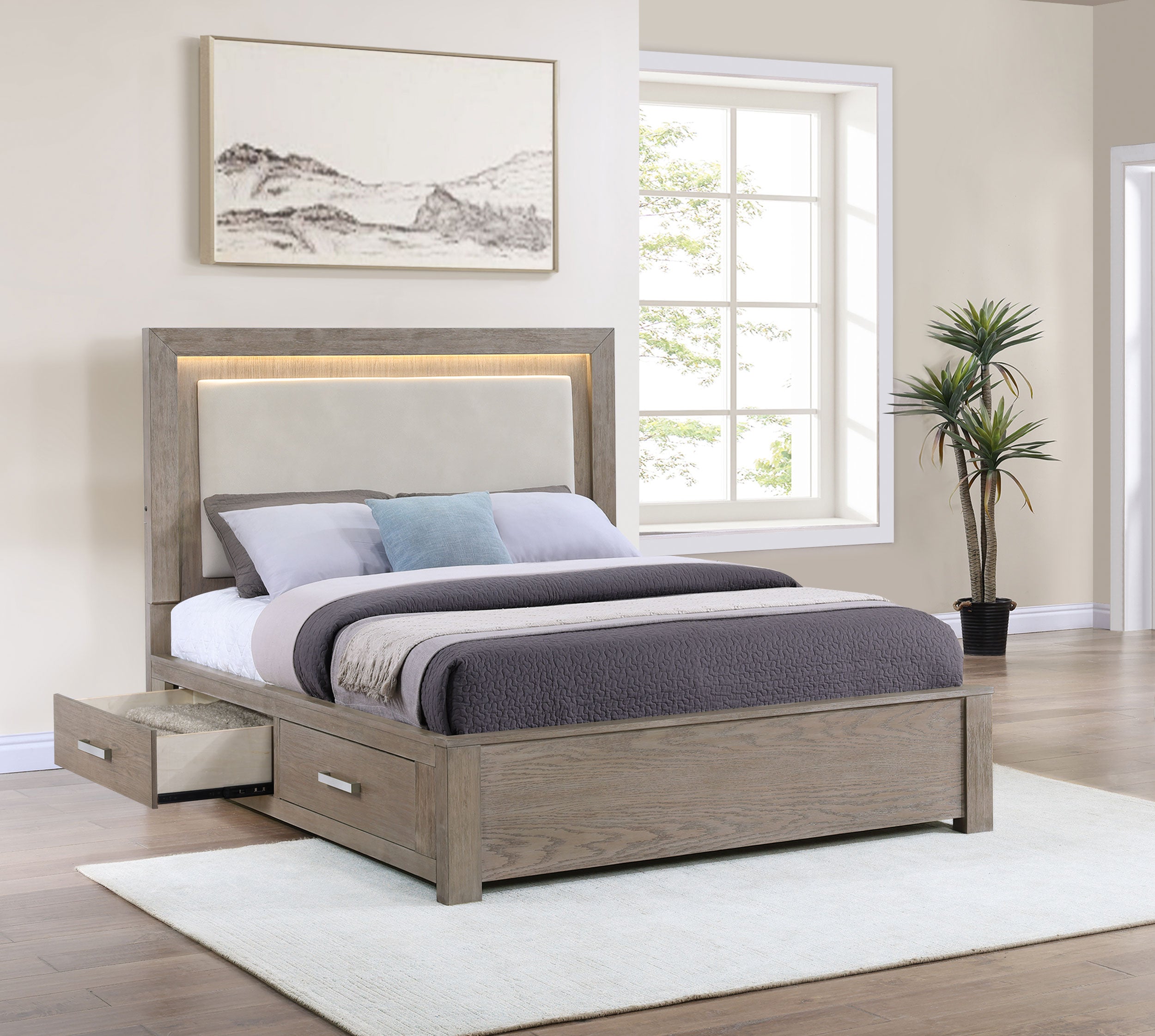 Kenora Panel Platform Storage Bed with LED Lighting - Ideal Furniture (Fresno,CA)