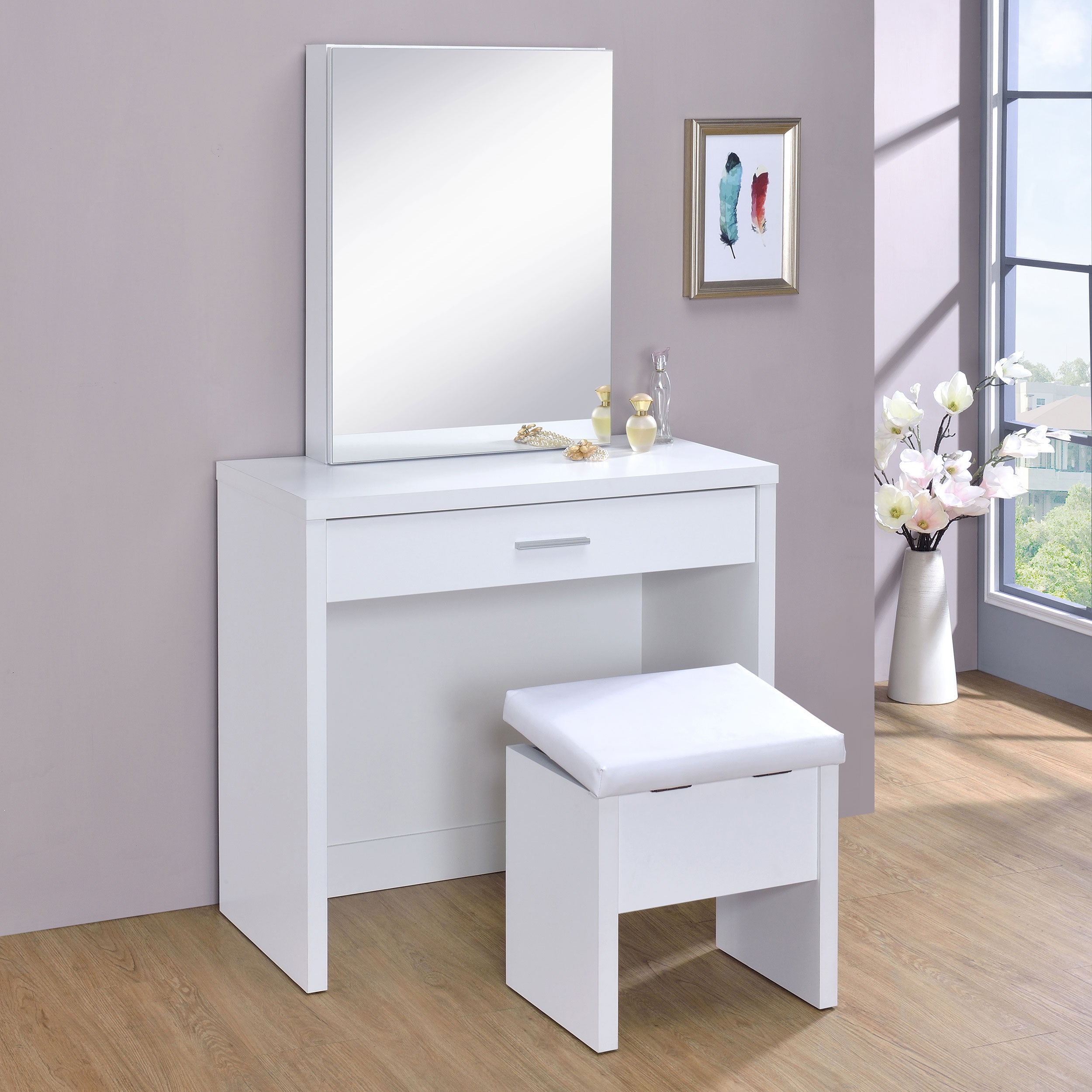 Harvey Makeup Vanity Table with Mirror and Stool - Ideal Furniture (Fresno,CA)