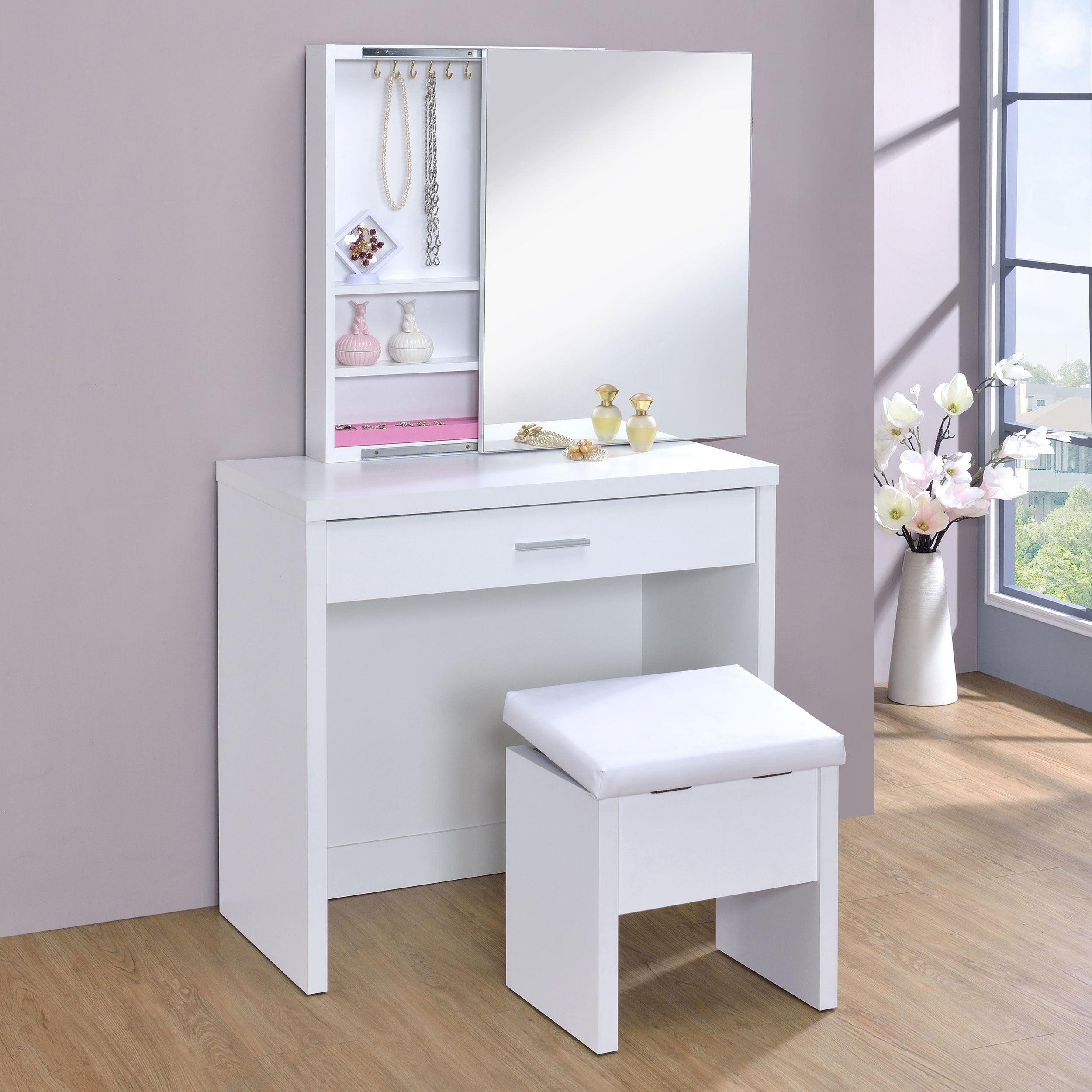 Harvey Makeup Vanity Table with Mirror and Stool - Ideal Furniture (Fresno,CA)