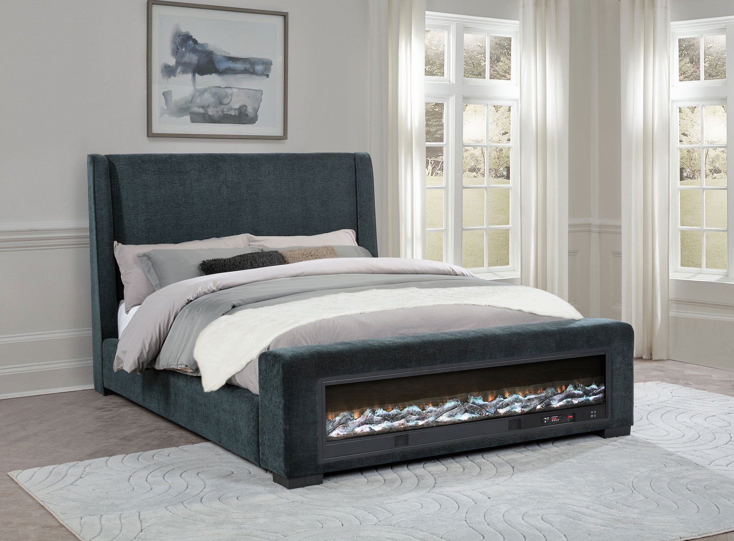 Preston Wingback Bed with Flame Visualizer and Bluetooth Speaker - Ideal Furniture (Fresno,CA)