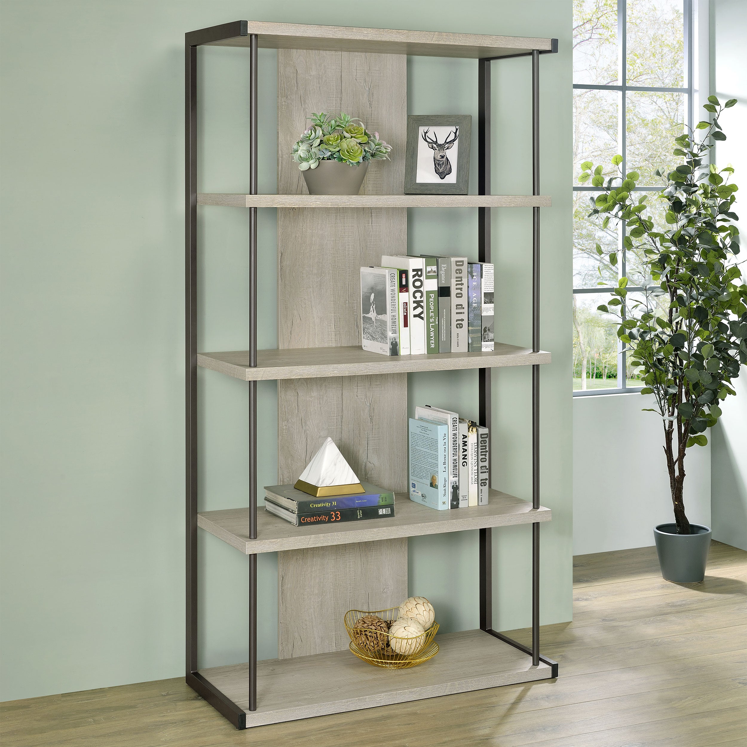 Loomis 4-shelf Bookcase Whitewashed Grey - Ideal Furniture (Fresno,CA)