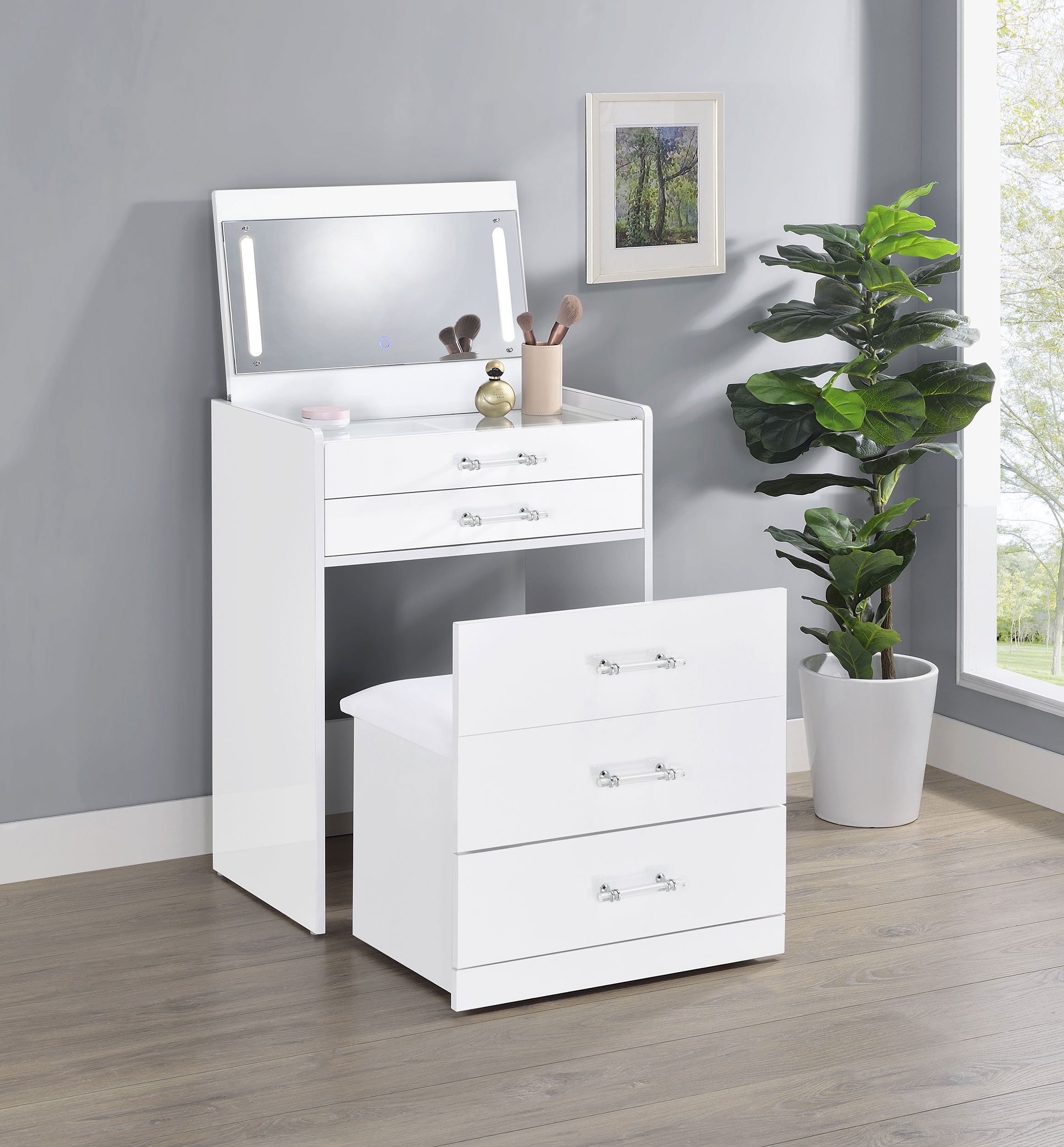 Danbury Makeup Vanity Table with LED Mirror and Stool - Ideal Furniture (Fresno,CA)