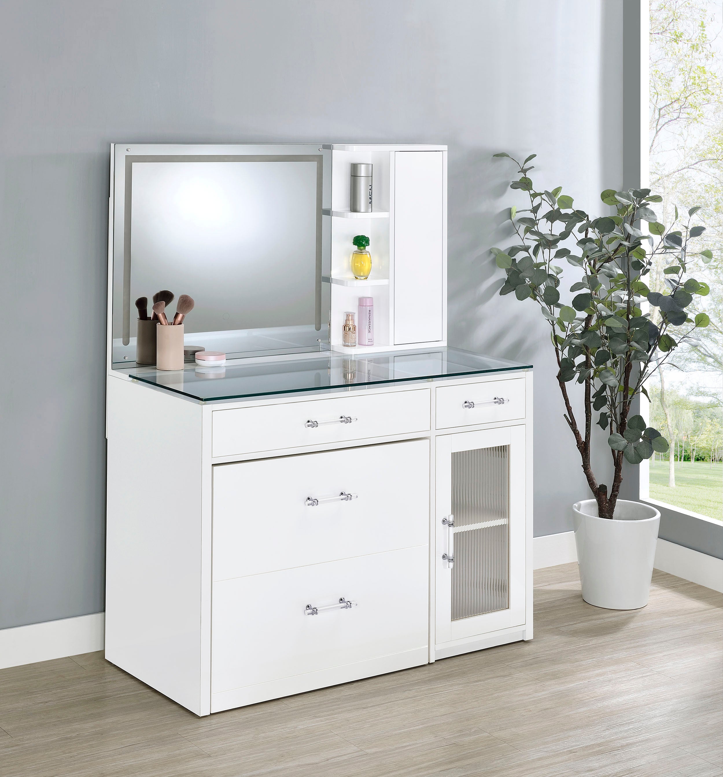 Flora Makeup Vanity Table with LED Mirror and Stool - Ideal Furniture (Fresno,CA)