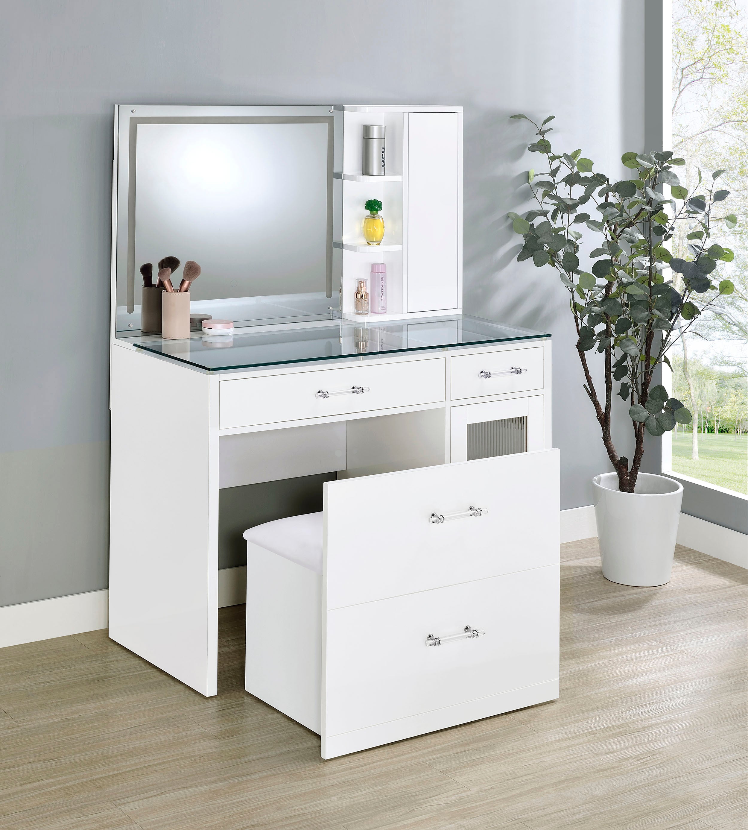 Flora Makeup Vanity Table with LED Mirror and Stool - Ideal Furniture (Fresno,CA)
