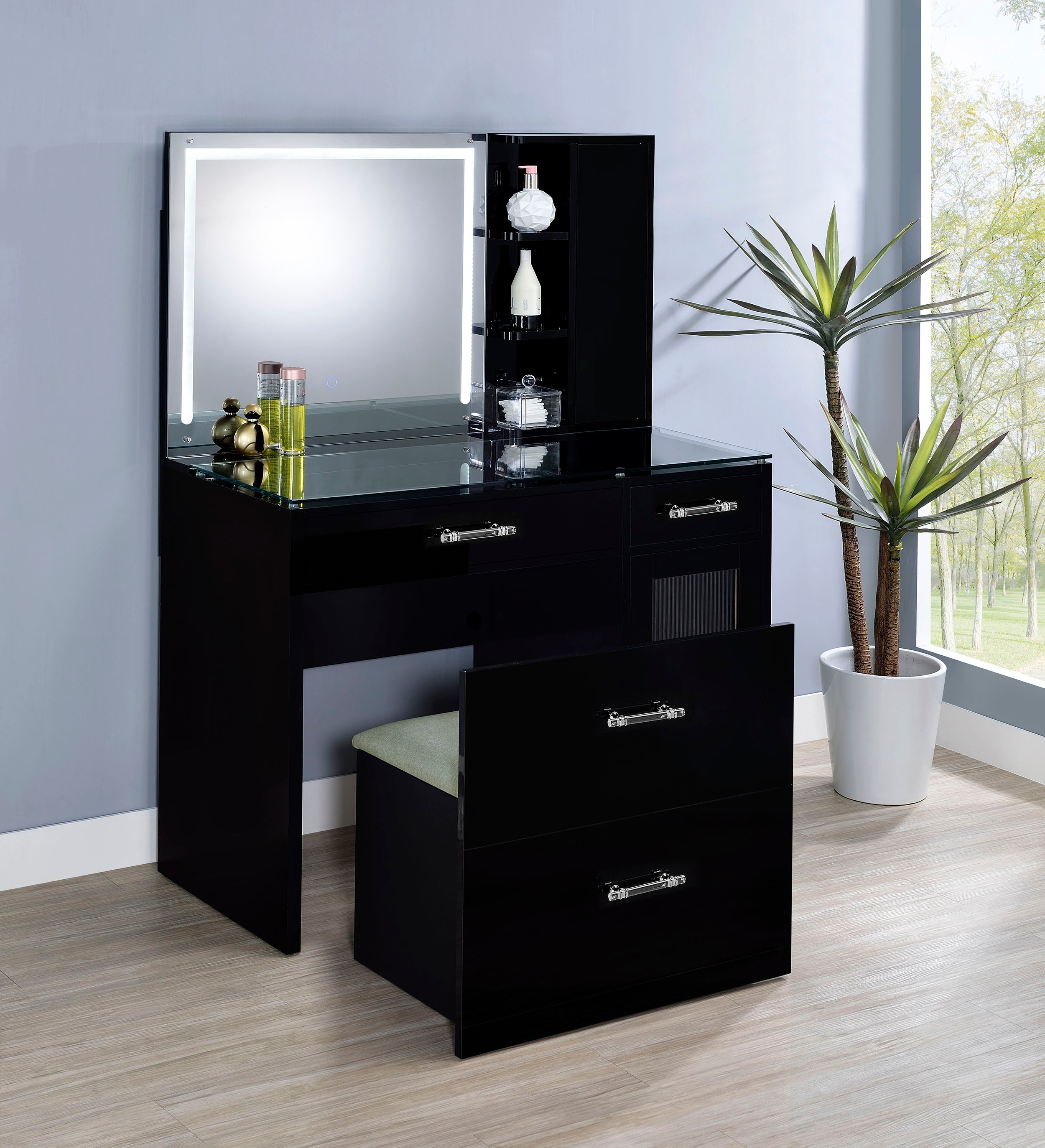 Flora Makeup Vanity Table with LED Mirror and Stool - Ideal Furniture (Fresno,CA)