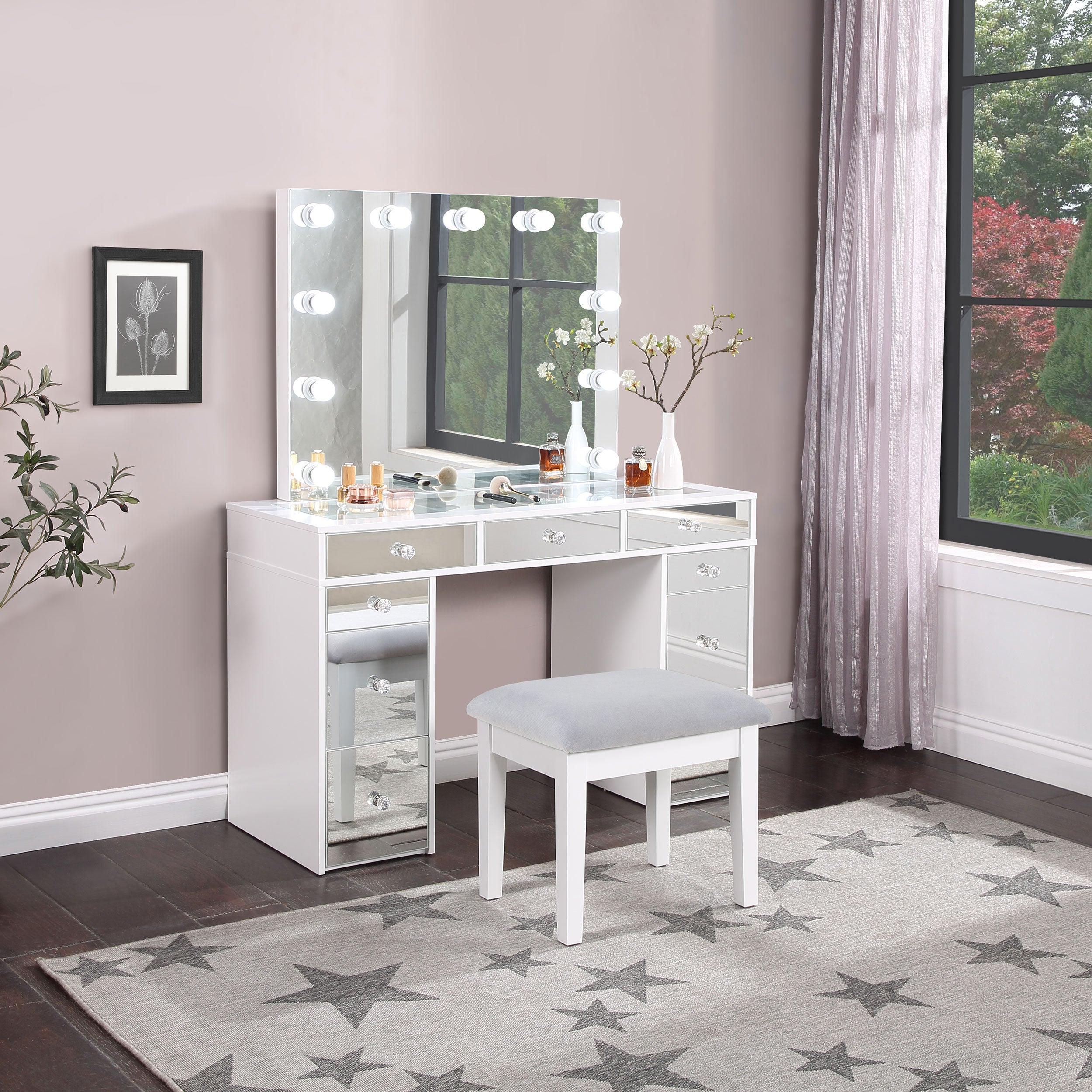 Regina Makeup Vanity Table with LED Mirror and Stool - Ideal Furniture (Fresno,CA)