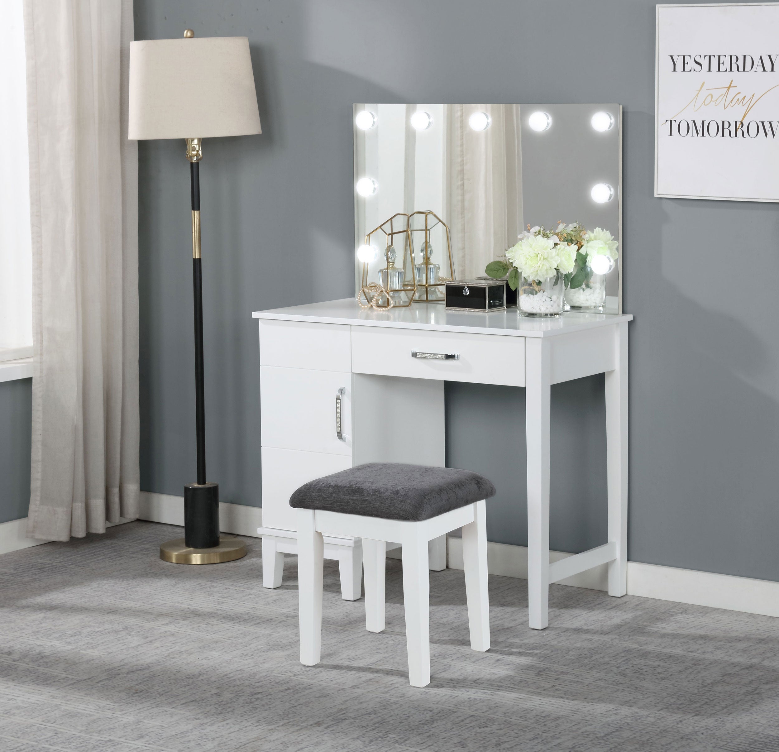 Elijah Makeup Vanity Table with LED Mirror and Stool - Ideal Furniture (Fresno,CA)