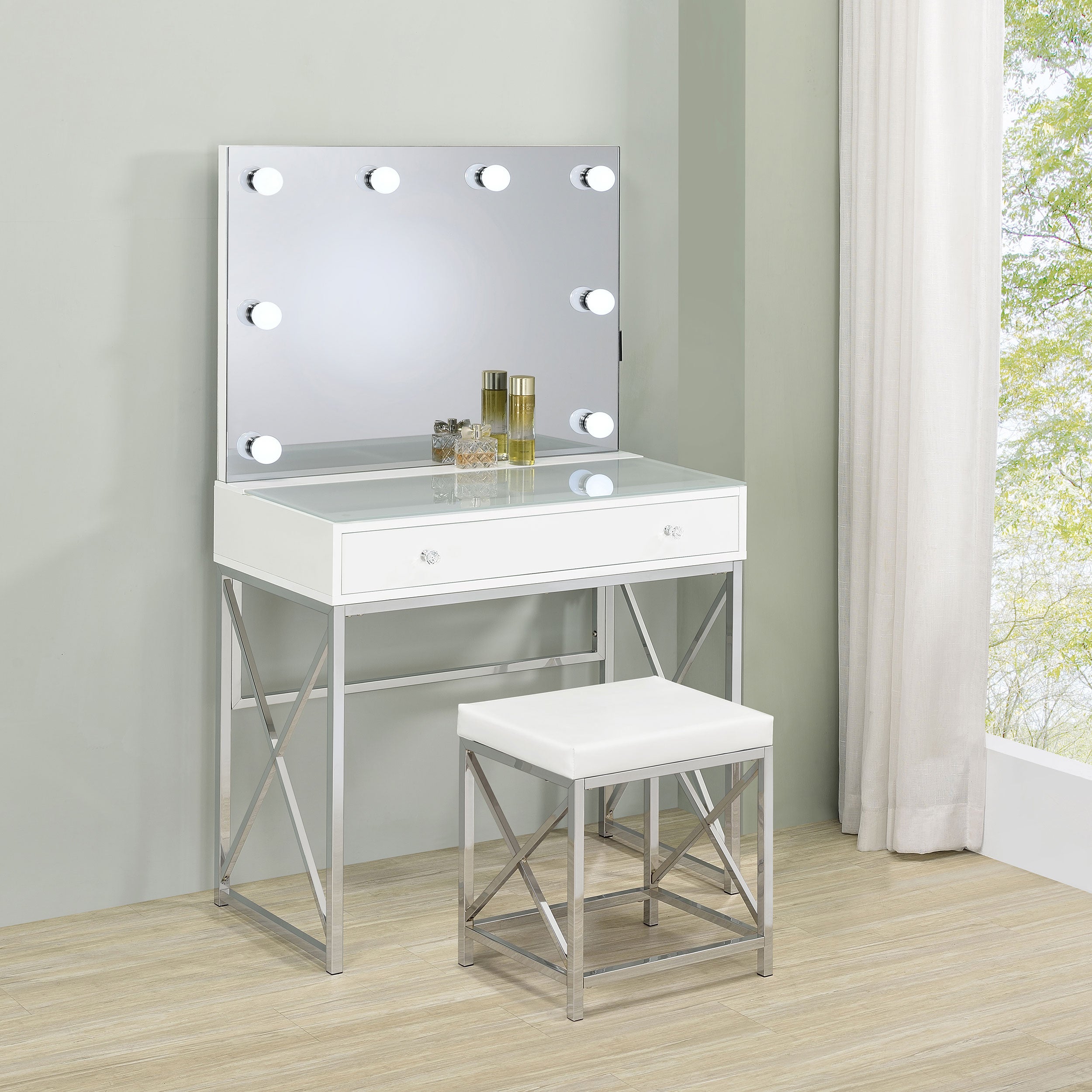 Eliza Makeup Vanity Table with LED Mirror and Stool - Ideal Furniture (Fresno,CA)