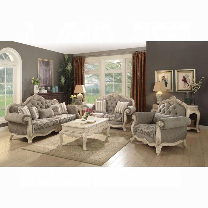 Ragenardus Gray Fabric & Antique White Sofa w/5 Pillows - Ideal Furniture (Fresno,CA)