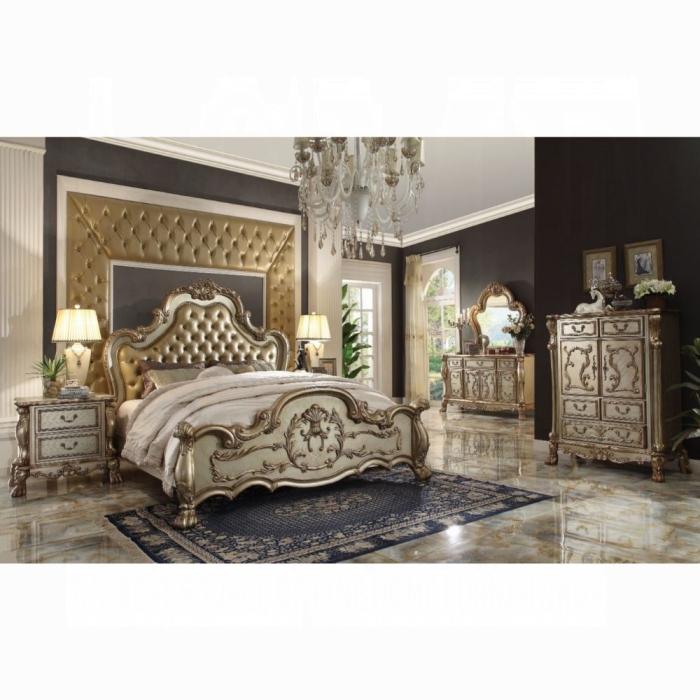 Dresden Bone PU & Gold Patina Queen Bed - Ideal Furniture (Fresno,CA)