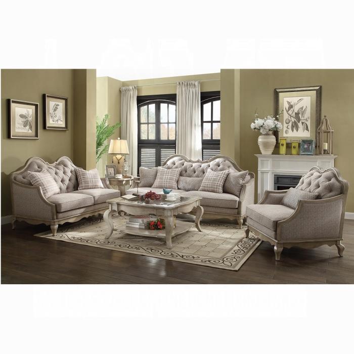 Chelmsford Beige Fabric & Antique Taupe Sofa w/5 Pillows - Ideal Furniture (Fresno,CA)