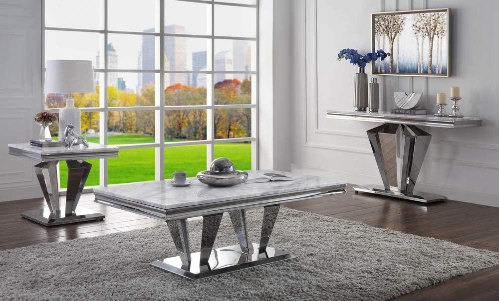 Satinka Light Gray Printed Faux Marble & Mirrored Silver Finish Table Set - Ideal Furniture (Fresno,CA)