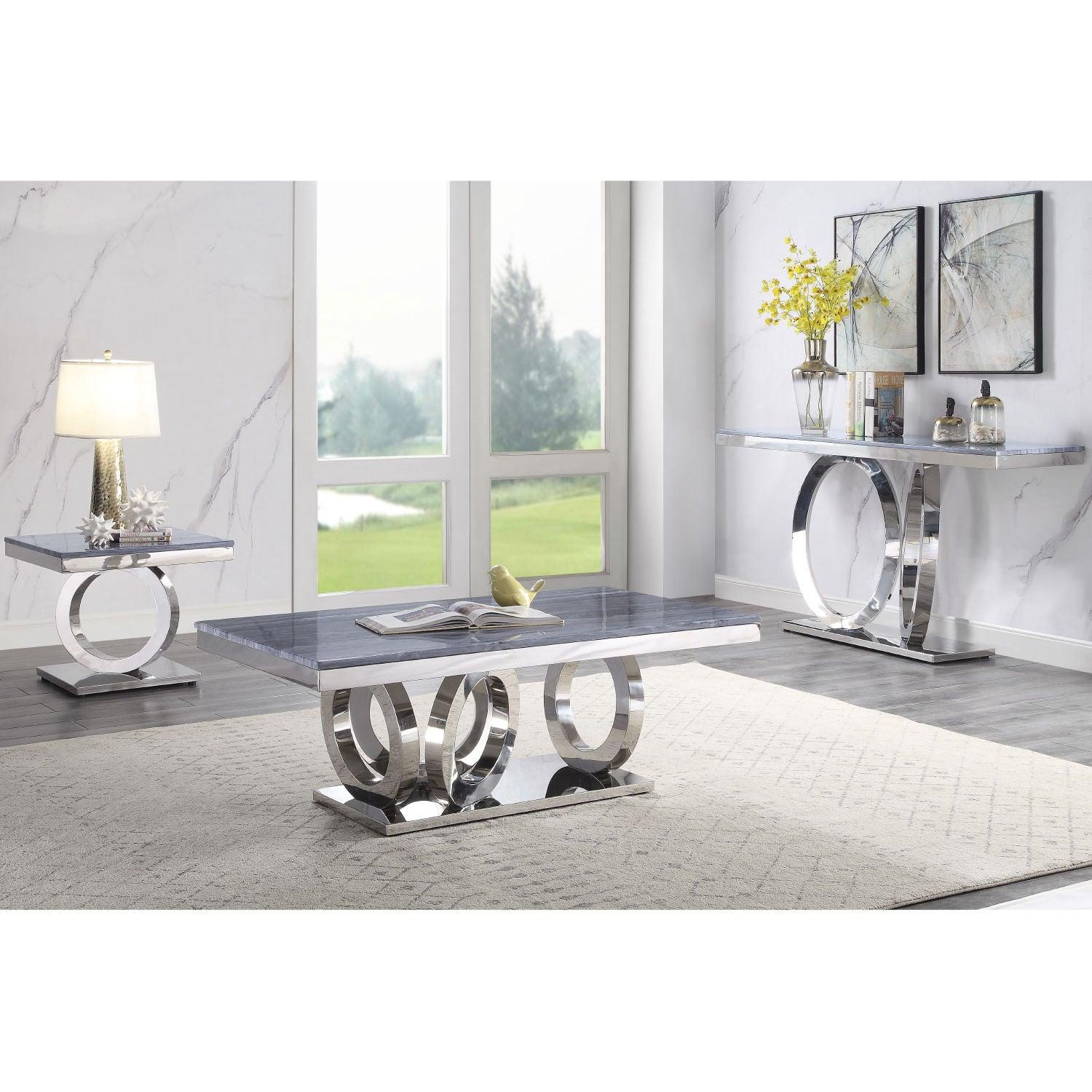 Zasir Gray Printed Faux Marble & Mirrored Silver Finish Table Set - Ideal Furniture (Fresno,CA)