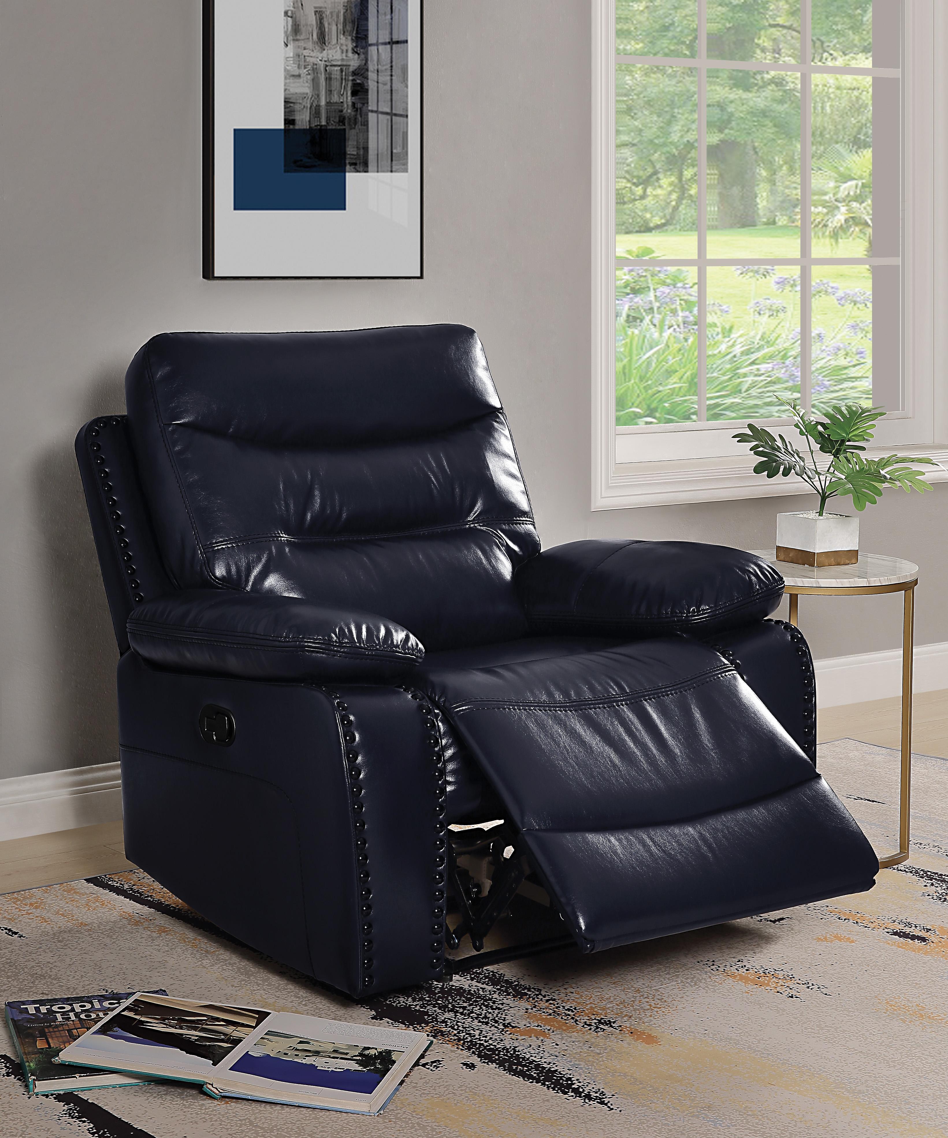 Aashi Navy Leather-Gel Match Recliner (Motion) - Ideal Furniture (Fresno,CA)