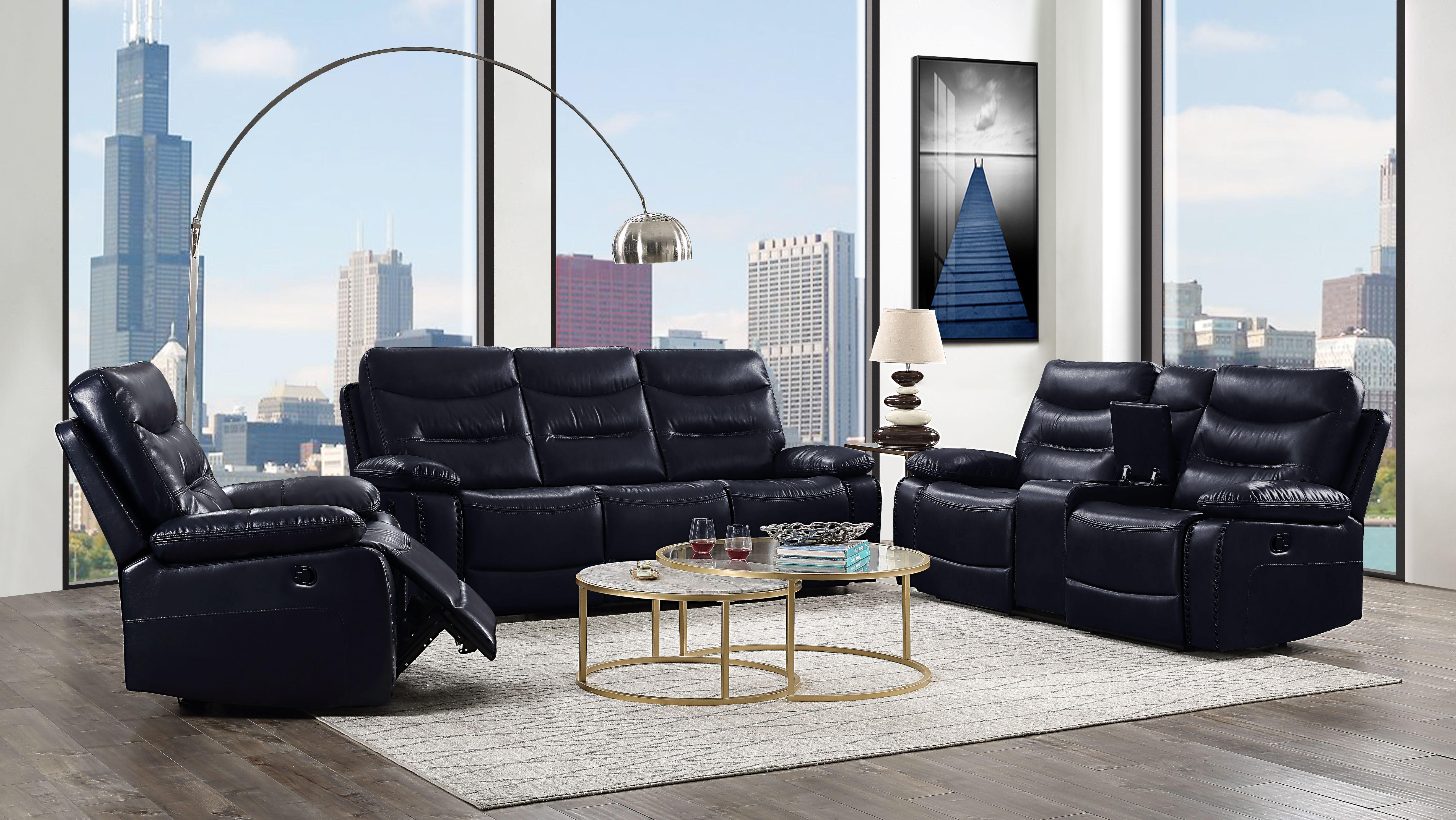 Aashi Navy Leather-Gel Match Sofa (Motion) - Ideal Furniture (Fresno,CA)