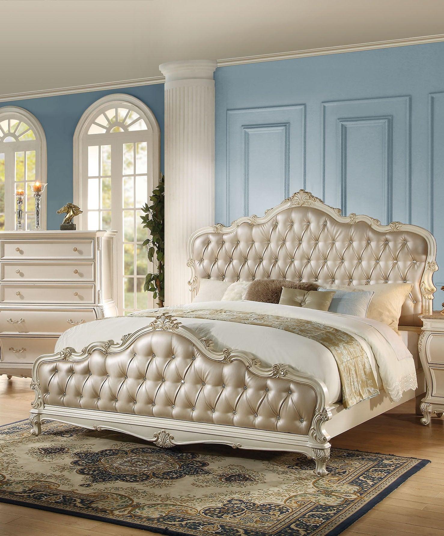 Acme Chantelle Queen Bed with Button Tufted Panels in Pearl White 23540Q - Ideal Furniture (Fresno,CA)