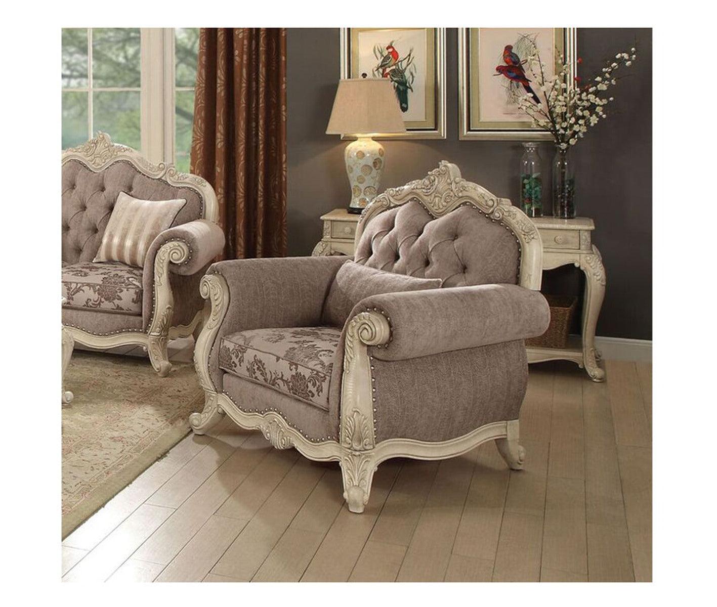 Acme Ragenardus Chair with 1 Pillow in Gray Fabric & Antique White 56022 - Ideal Furniture (Fresno,CA)