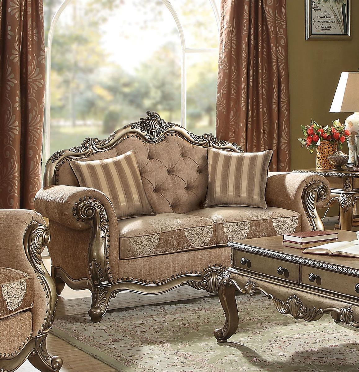 Acme Ragenardus Loveseat with 2 Pillows in Fabric & Vintage Oak 56031 - Ideal Furniture (Fresno,CA)