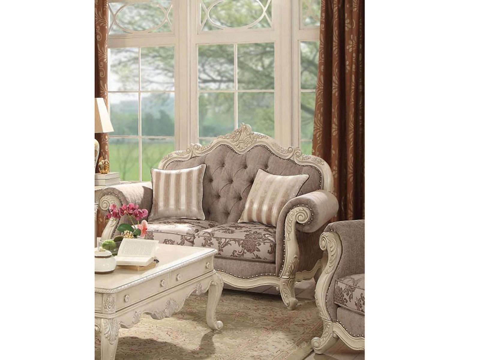 Acme Ragenardus Loveseat with 2 Pillows in Gray Fabric & Antique White 56021 - Ideal Furniture (Fresno,CA)