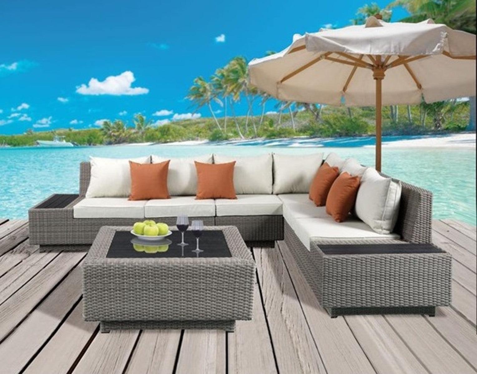 Acme Salena Patio Sectional with Cocktail Table in Beige Fabric & Gray Wicker 45020 - Ideal Furniture (Fresno,CA)