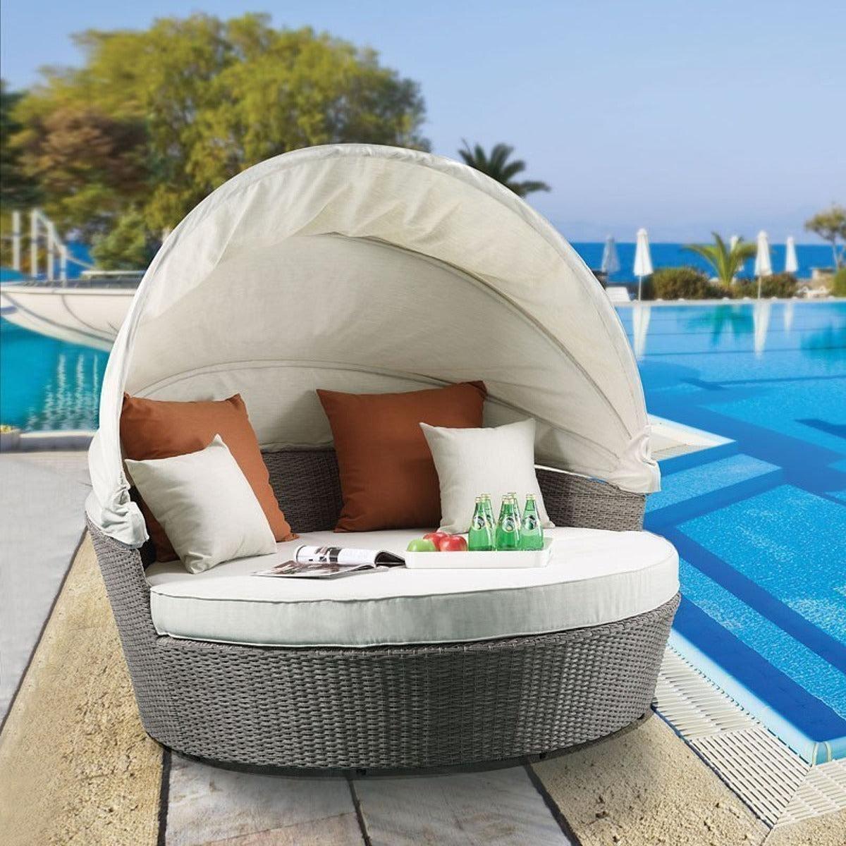Acme Salena Patio Canopy Sofa with Ottoman in Beige Fabric & Gray Wicker 45025 - Ideal Furniture (Fresno,CA)