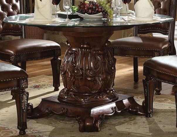 Acme Vendome Single Pedestal Dining Table with 54" Tempered Glass Top in Cherry 62010 - Ideal Furniture (Fresno,CA)