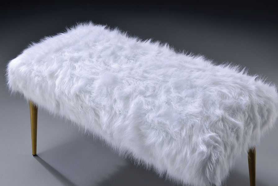Bagley II White Faux Fur & Gold Bench - Ideal Furniture (Fresno,CA)