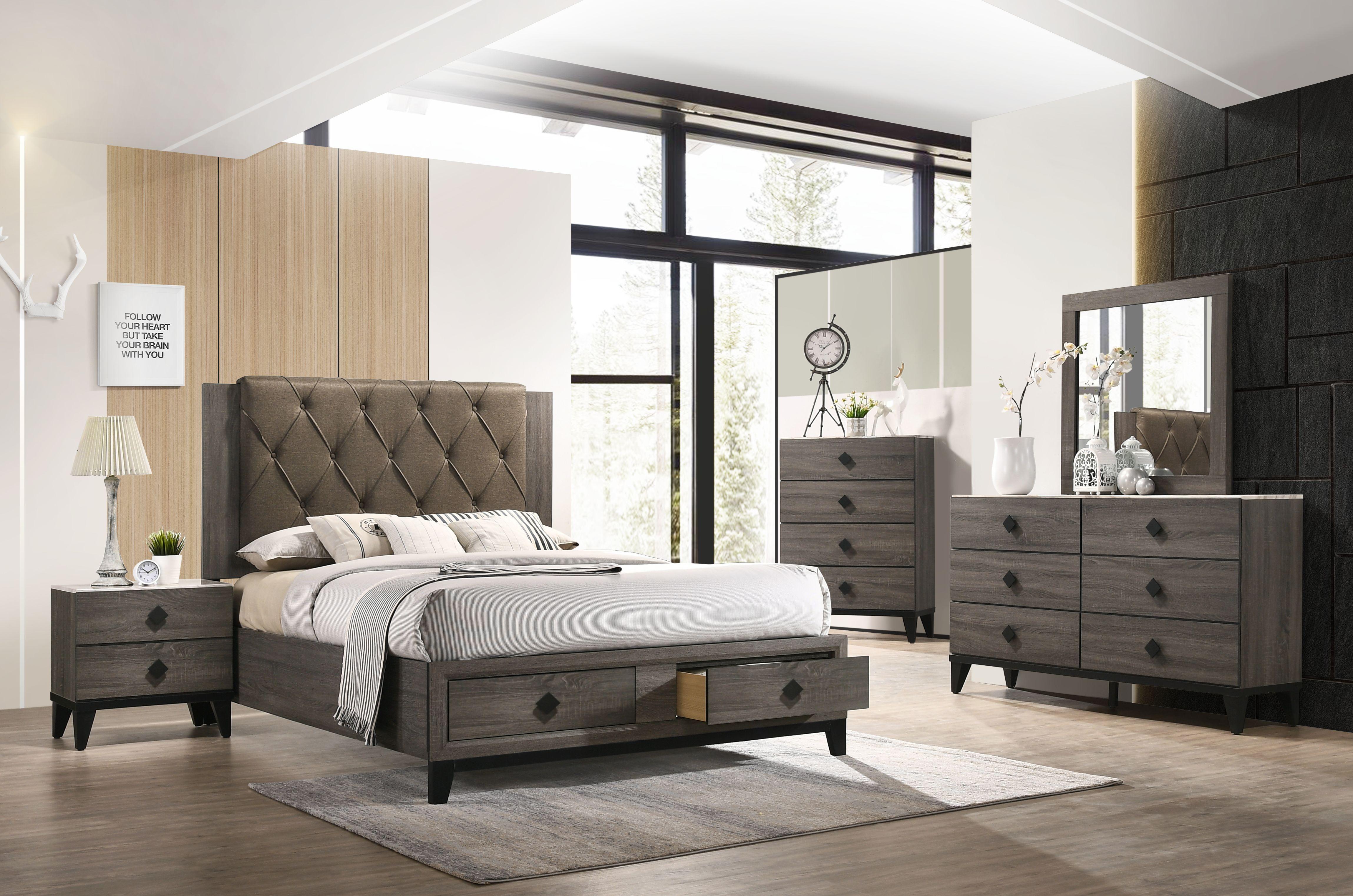 Avantika Fabric & Rustic Gray Oak Eastern King Bed (Storage) - Ideal Furniture (Fresno,CA)