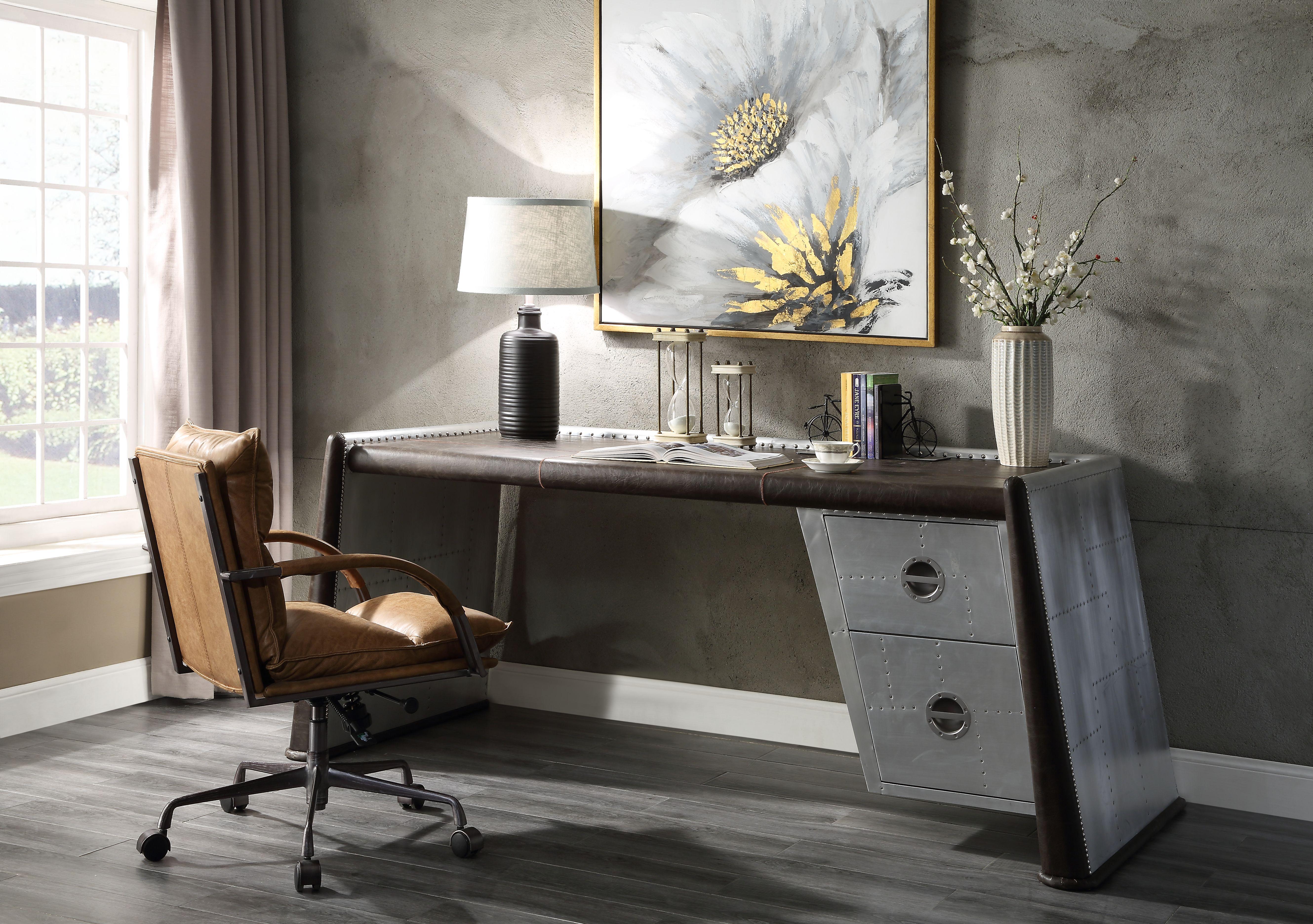 Brancaster Distress Chocolate Top Grain Leather & Aluminum Desk - Ideal Furniture (Fresno,CA)