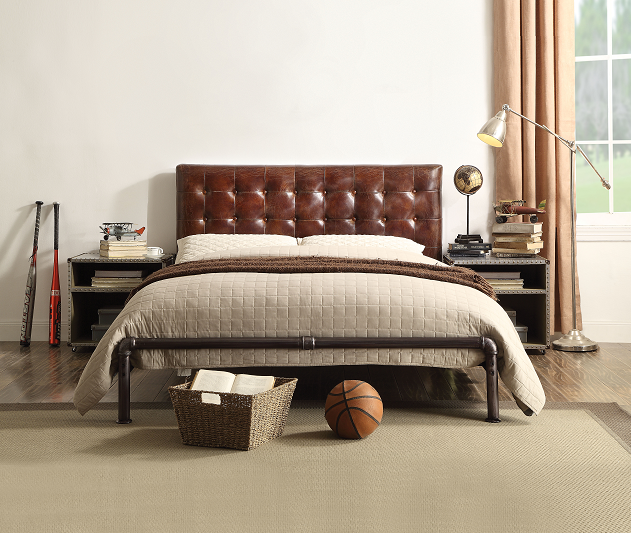 Brancaster Vintage Brown Top Grain Leather Queen Bed - Ideal Furniture (Fresno,CA)