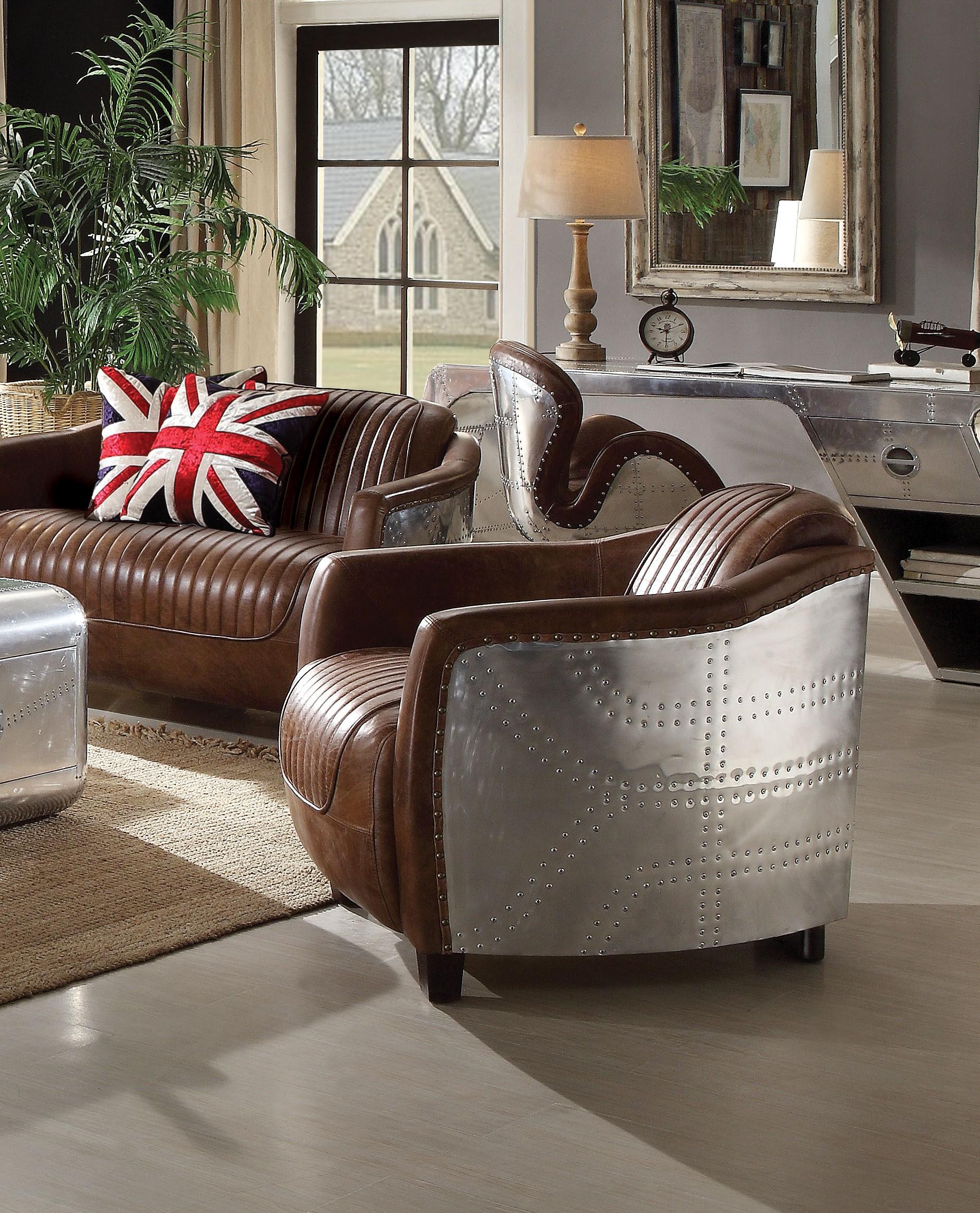 Brancaster Retro Brown Top Grain Leather & Aluminum Chair - Ideal Furniture (Fresno,CA)
