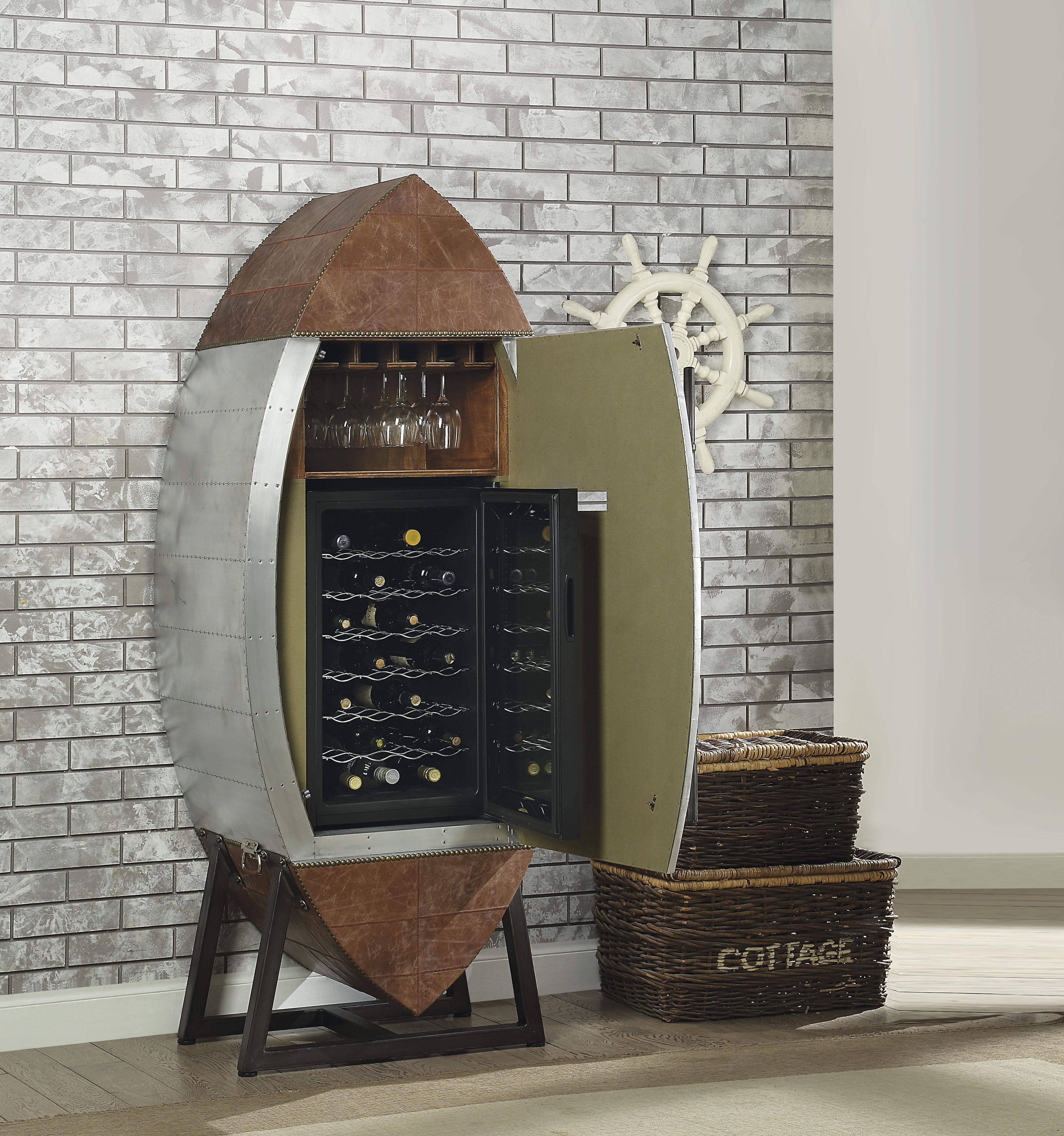 Brancaster Retro Brown Top Grain Leather & Aluminum Wine Cabinet & Cooler - Ideal Furniture (Fresno,CA)
