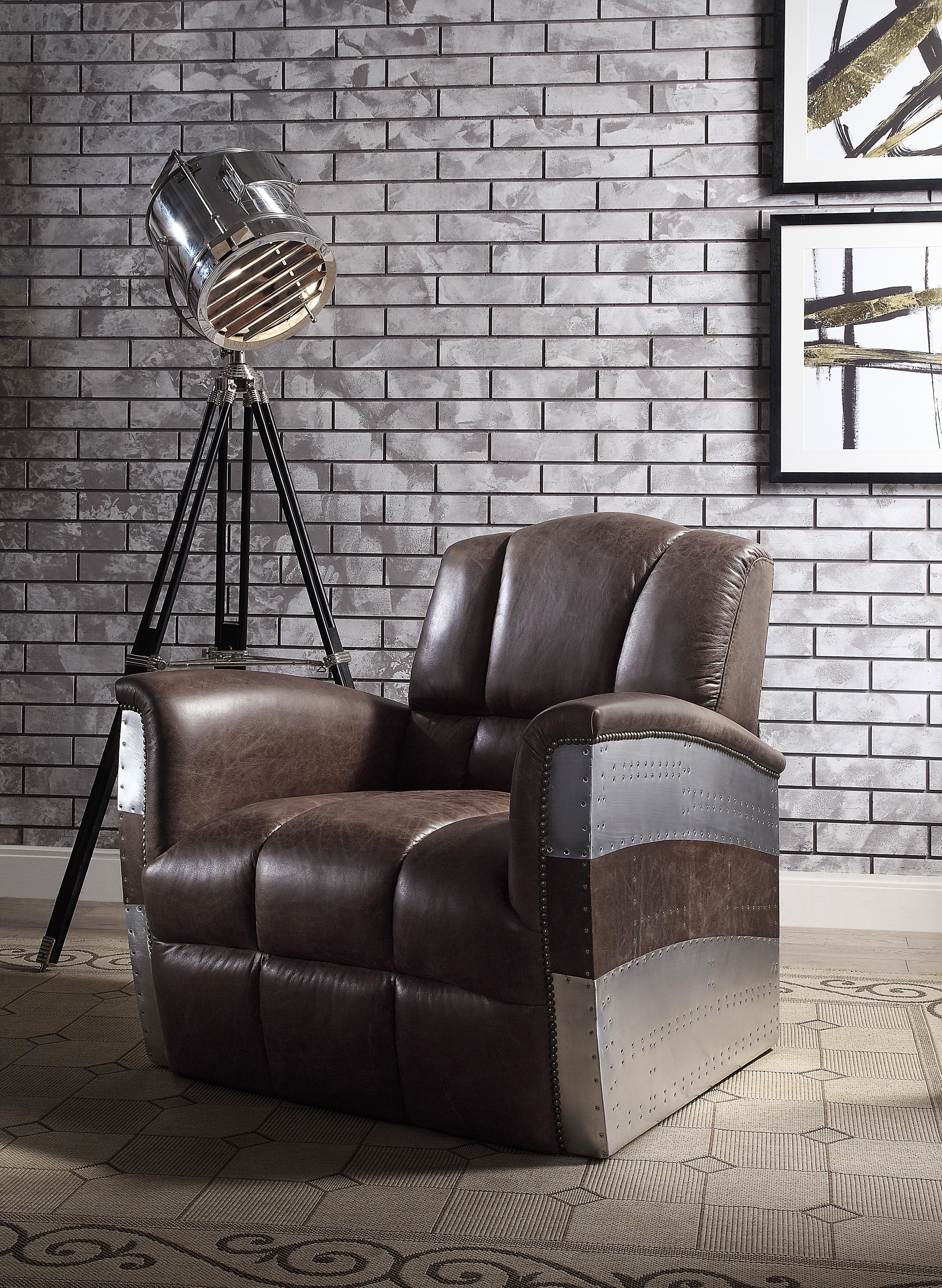 Brancaster Retro Brown Top Grain Leather & Aluminum Accent Chair - Ideal Furniture (Fresno,CA)