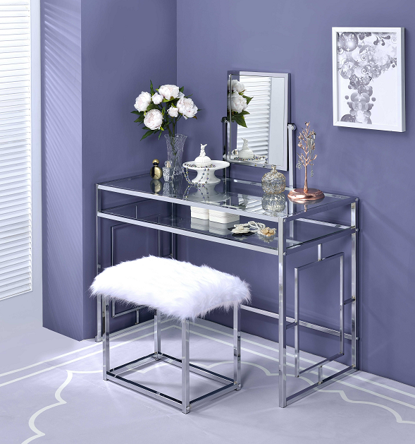 Carenze II White Faux Fur & Chrome Vanity Set - Ideal Furniture (Fresno,CA)