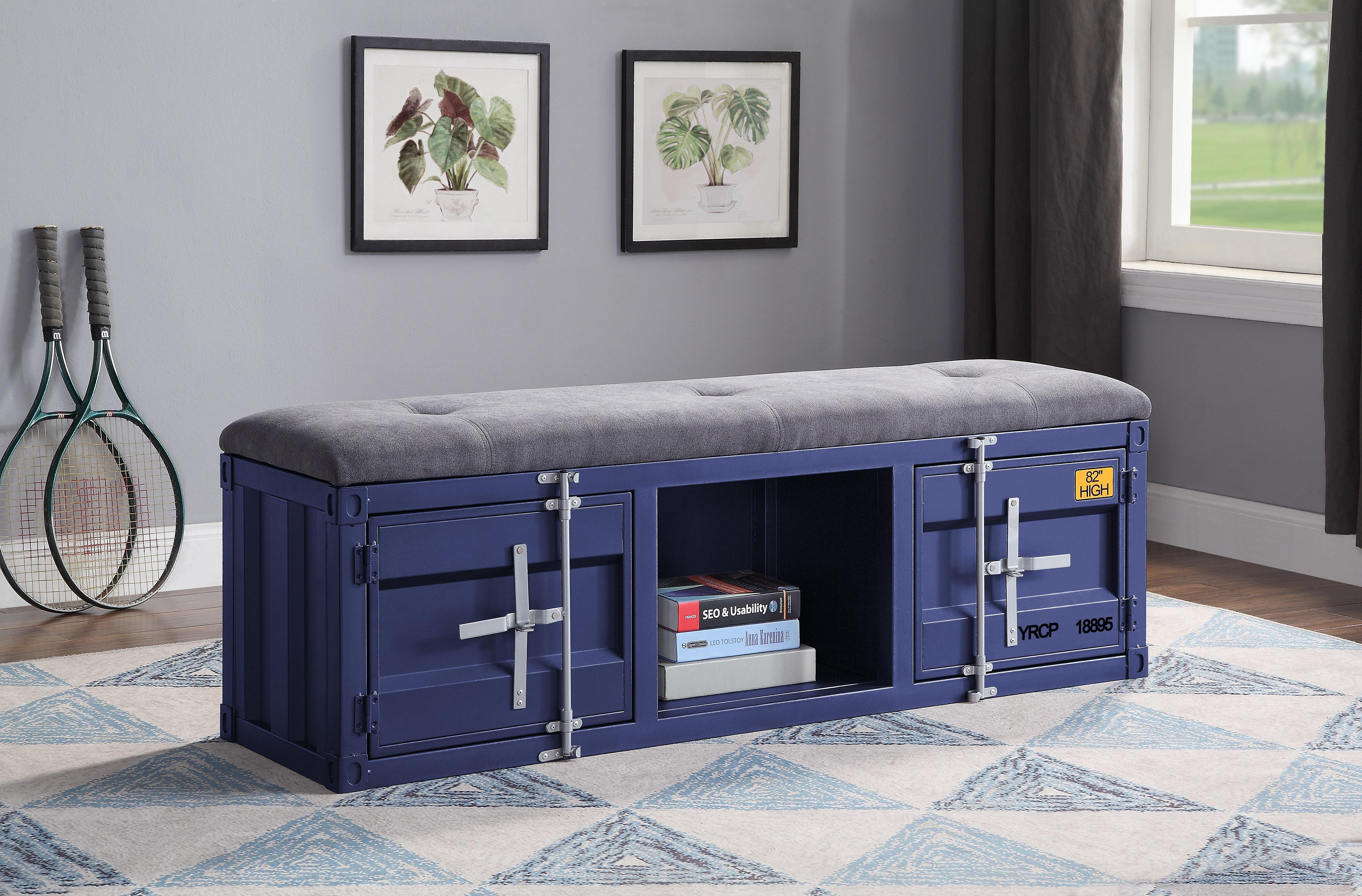Cargo Gray Fabric & Blue Bench (Storage) - Ideal Furniture (Fresno,CA)