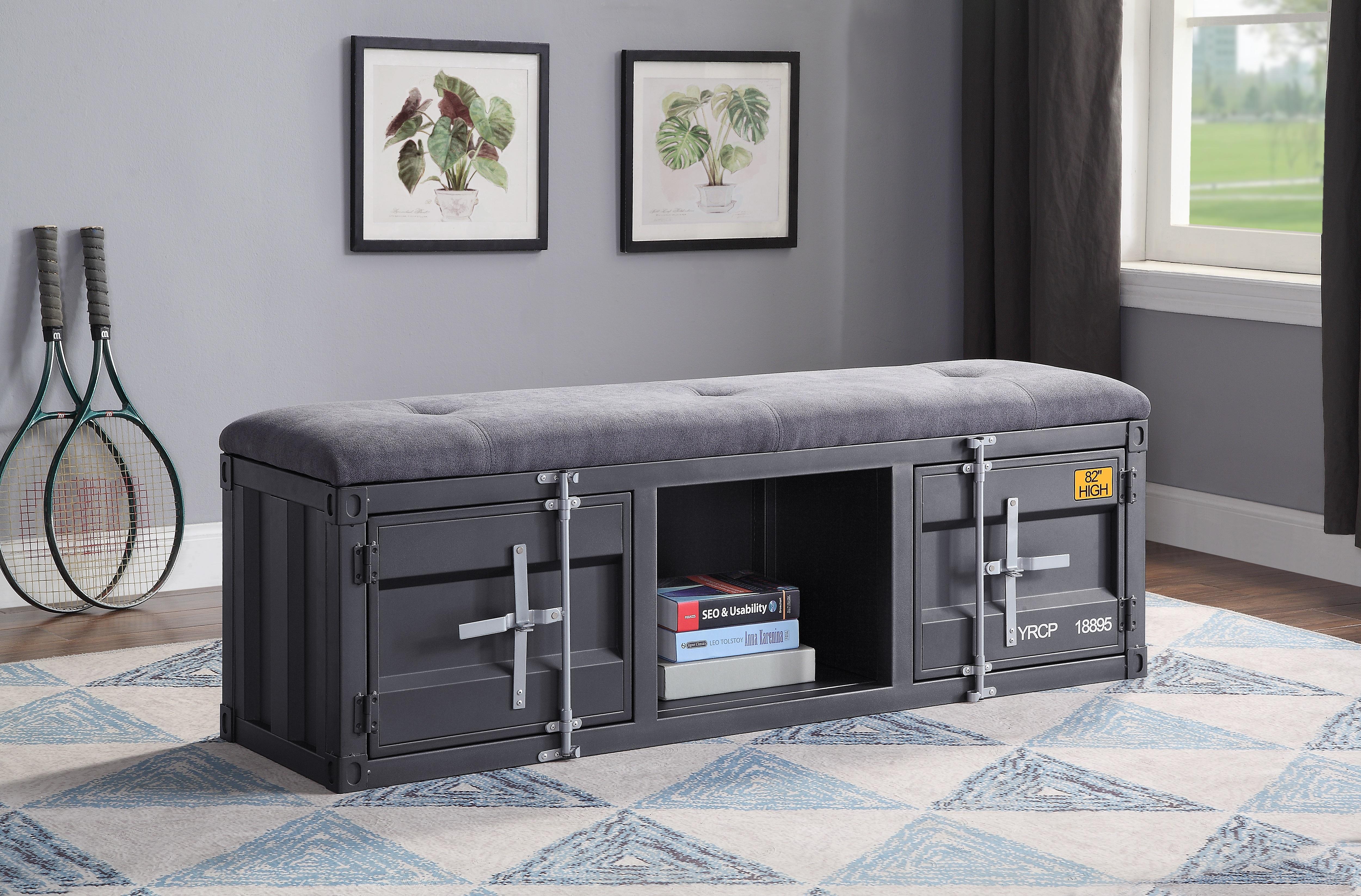 Cargo Gray Fabric & Gunmetal Bench (Storage) - Ideal Furniture (Fresno,CA)
