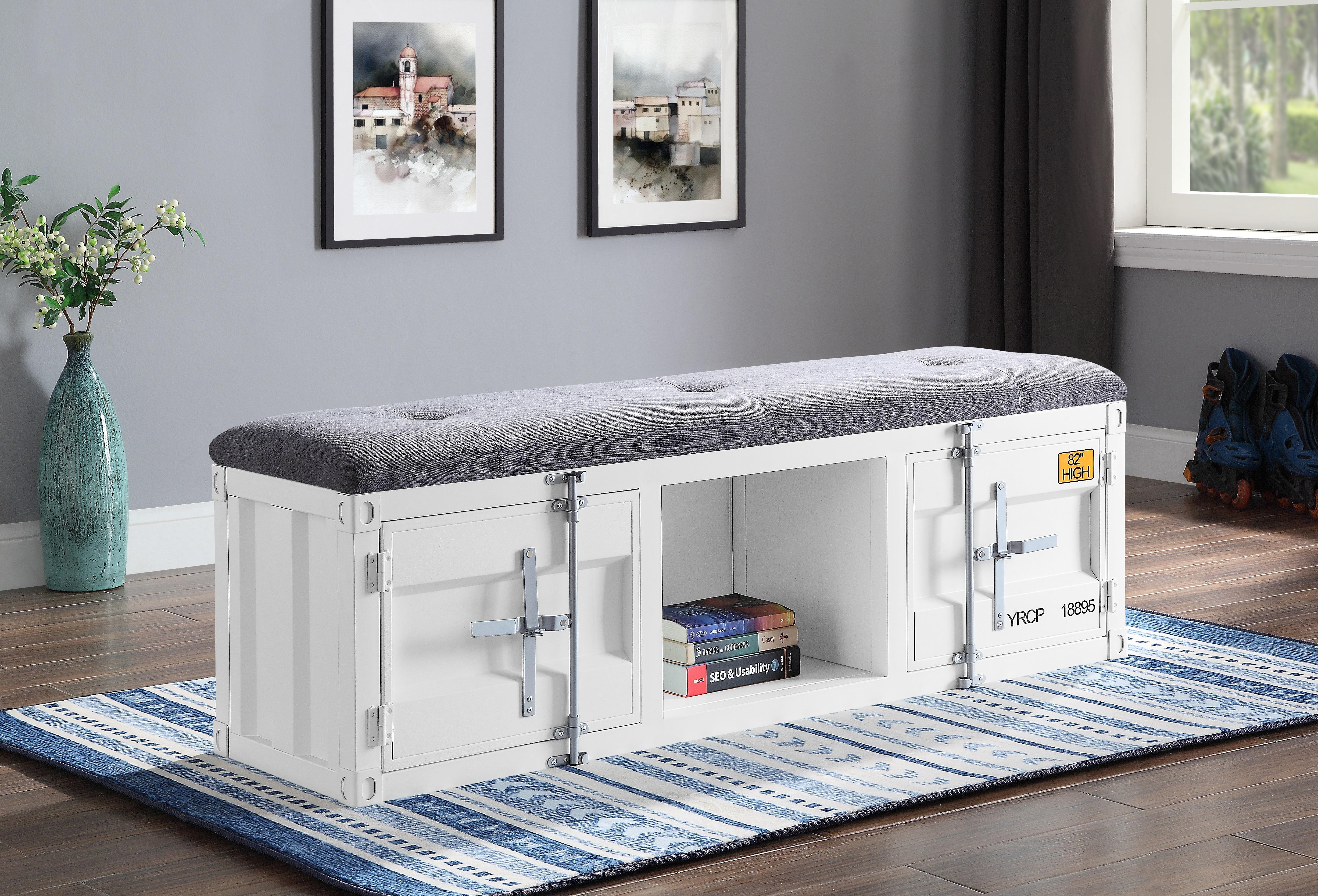 Cargo Gray Fabric & White Bench (Storage) - Ideal Furniture (Fresno,CA)