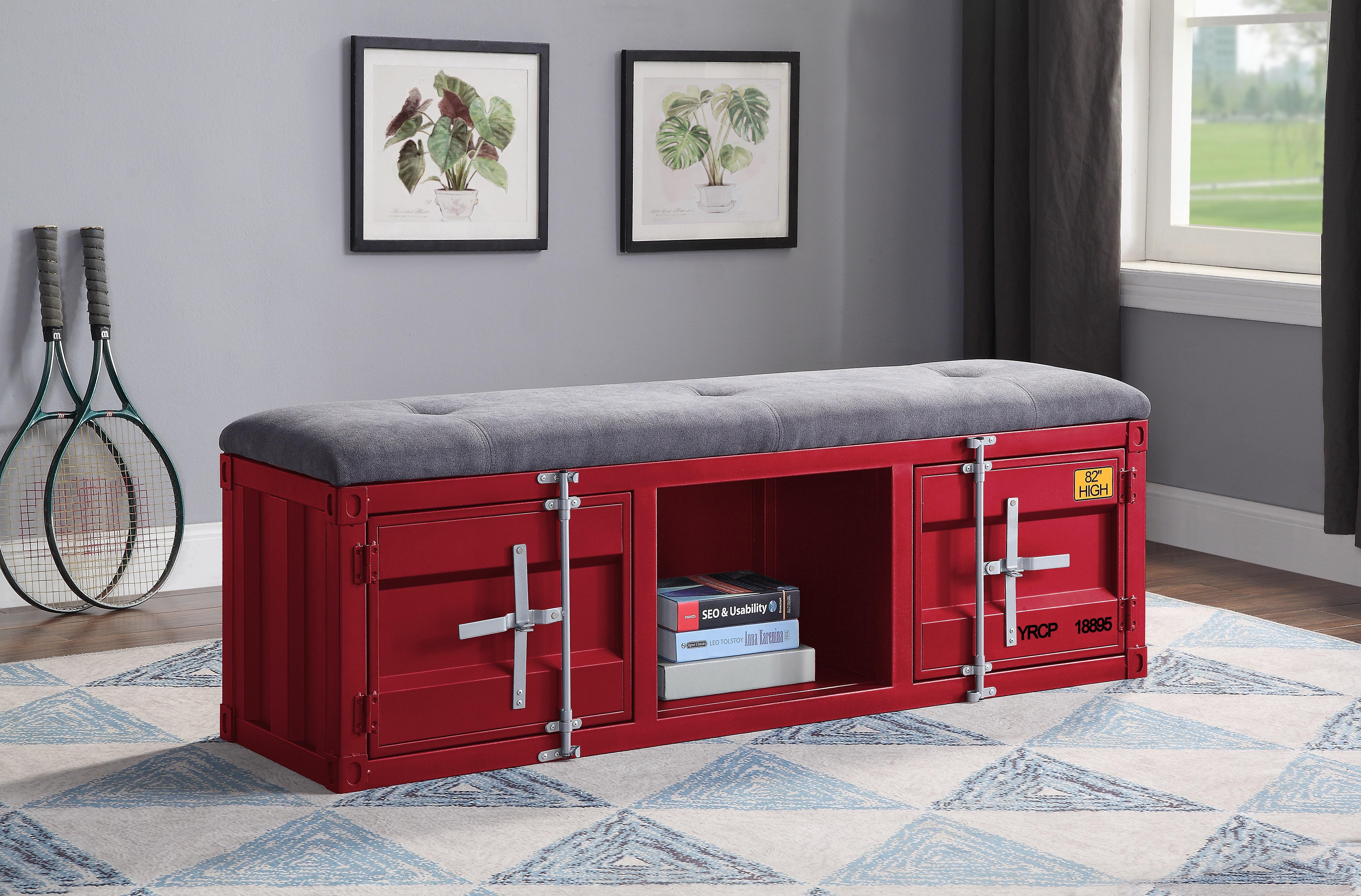 Cargo Gray Fabric & Red Bench (Storage) - Ideal Furniture (Fresno,CA)