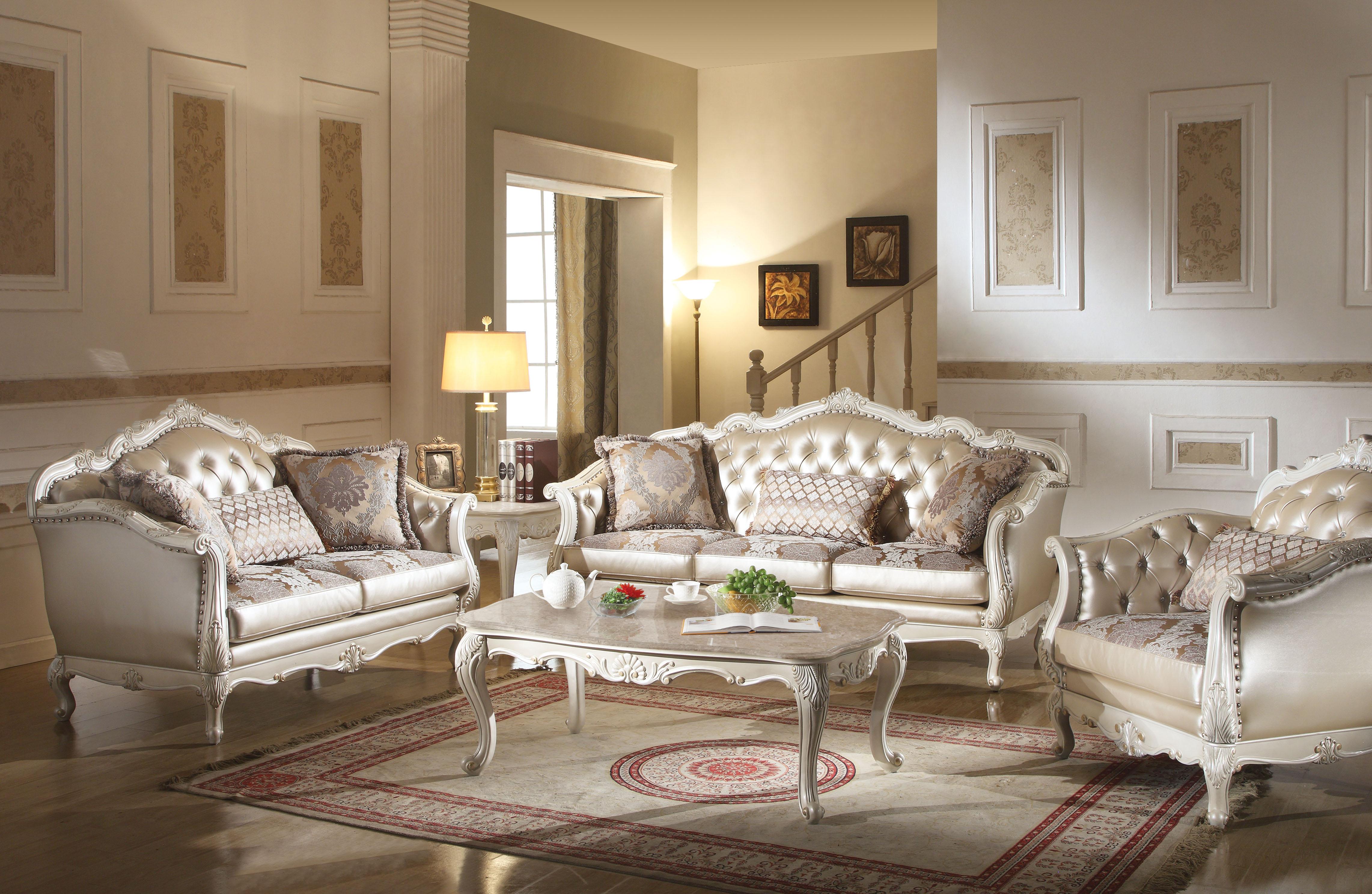 Chantelle Rose Gold PU/Fabric & Pearl White Sofa w/3 Pillows - Ideal Furniture (Fresno,CA)