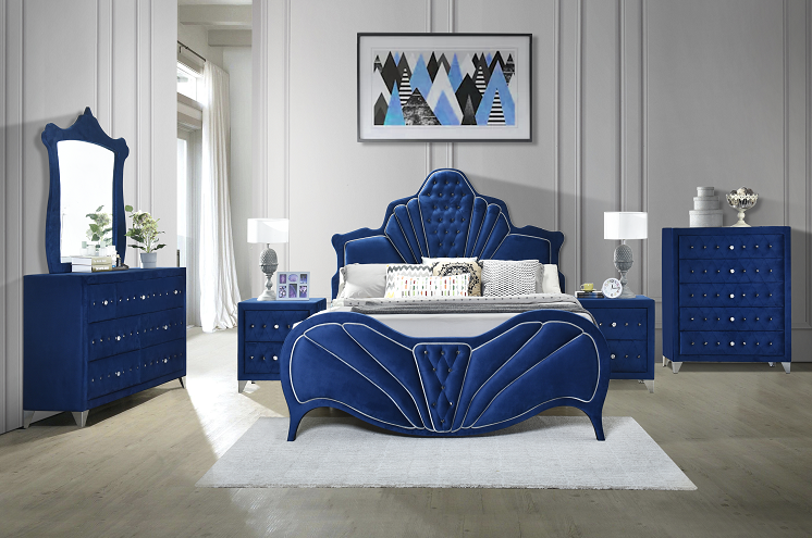 Dante Blue Velvet Queen Bed - Ideal Furniture (Fresno,CA)