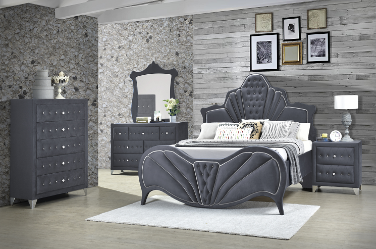 Dante Gray Velvet Queen Bed - Ideal Furniture (Fresno,CA)