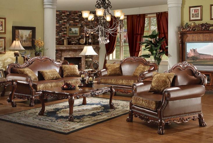 Dresden Brown PU & Chenille, Cherry Oak 3-Piece Living Room Set - Ideal Furniture (Fresno,CA)